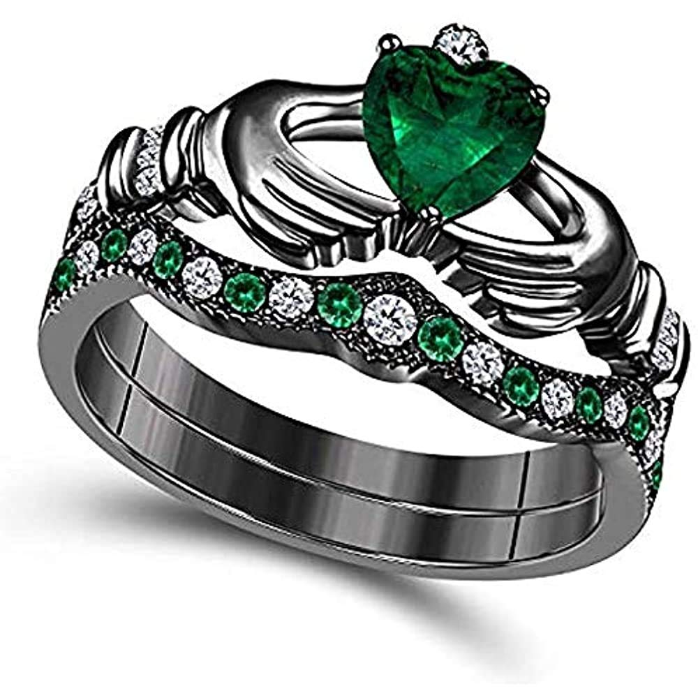 14K Black Gold Over Sterling Silver Heart Cut Green Emerald & White Diamond Claddagh Ring Set for Women – Wedding, Engagement & Bridal Jewelry – Perfect for Irish-Themed Proposals, Anniversary Gifts & Special Occasions