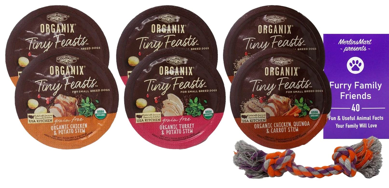 Organic Small Breed Dog Food Stews Variety Pack - 6 Cans (3.5oz Each) with Chicken Quinoa Carrot, Turkey Potato & Chicken Potato Flavors | Includes Mini Rope Toy & Fun Facts Booklet | Perfect for Travel, Training & Healthy Treats