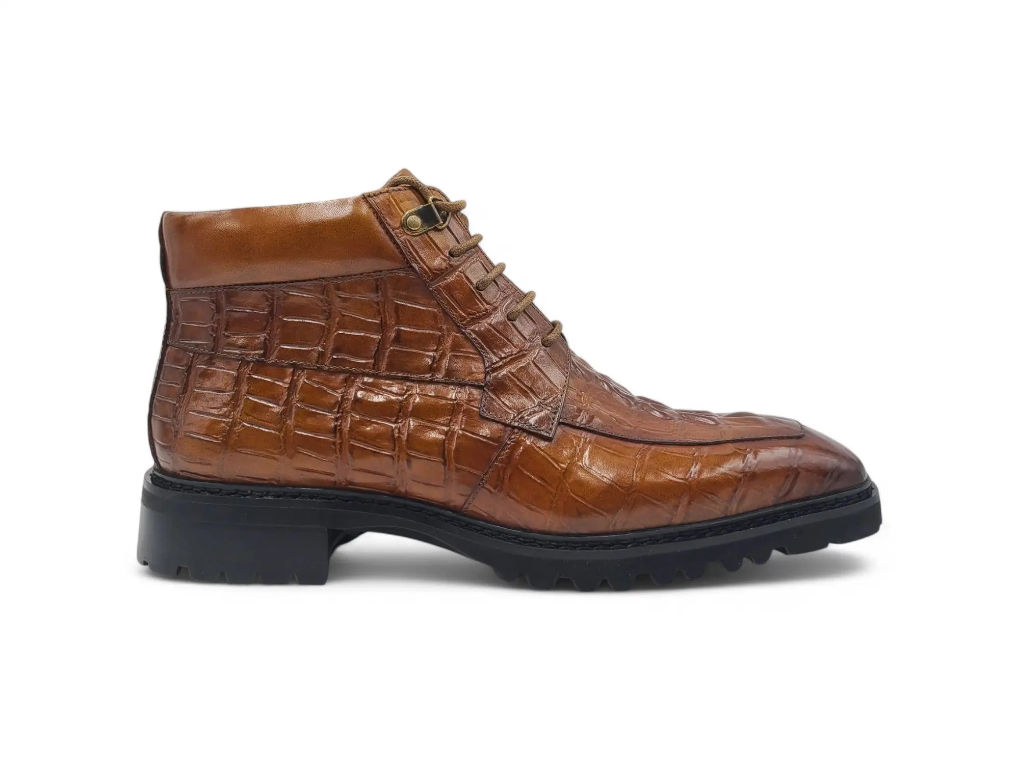 Men's Genuine Leather Lace Up Boots - Alligator Embossed Cowhide Work Boots for Outdoor Hiking & Casual Wear