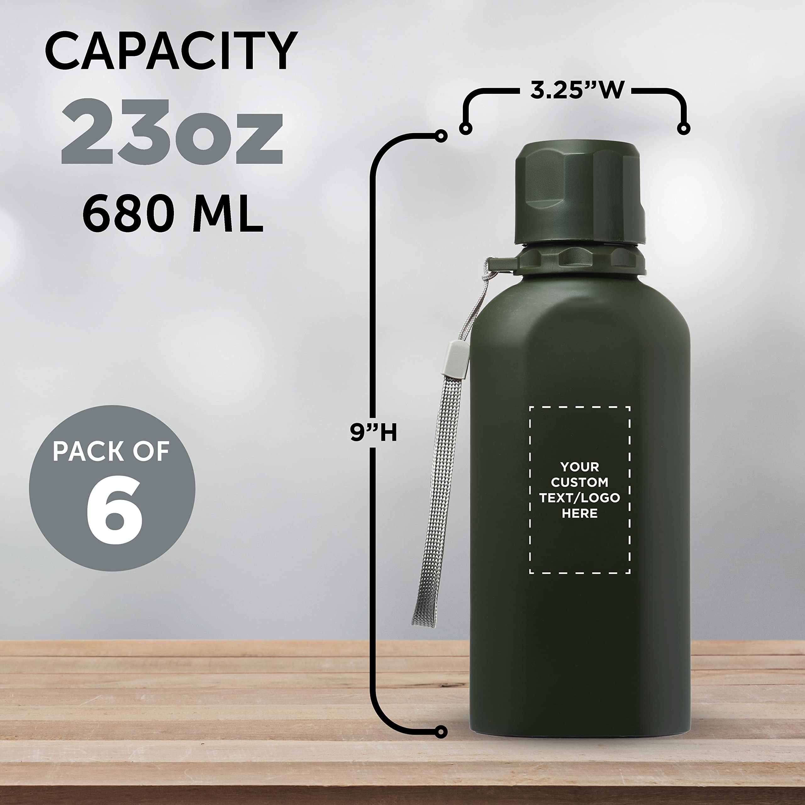Customized 23 oz Stainless Steel Water Bottles Set of 6 - Reusable Insulated Cadet Bottles for Gym, Hiking, Cycling & School - Bulk Personalized Army Green Water Bottles - Perfect for Sports, Outdoor Activities & Daily Hydration