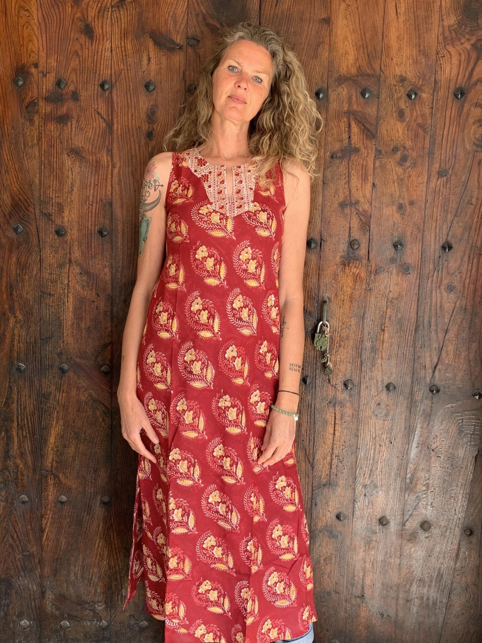 Jaipur Kaftan Sleeveless Red Maxi Long Dress - Boho Chic Summer Beach Cover Up for Women