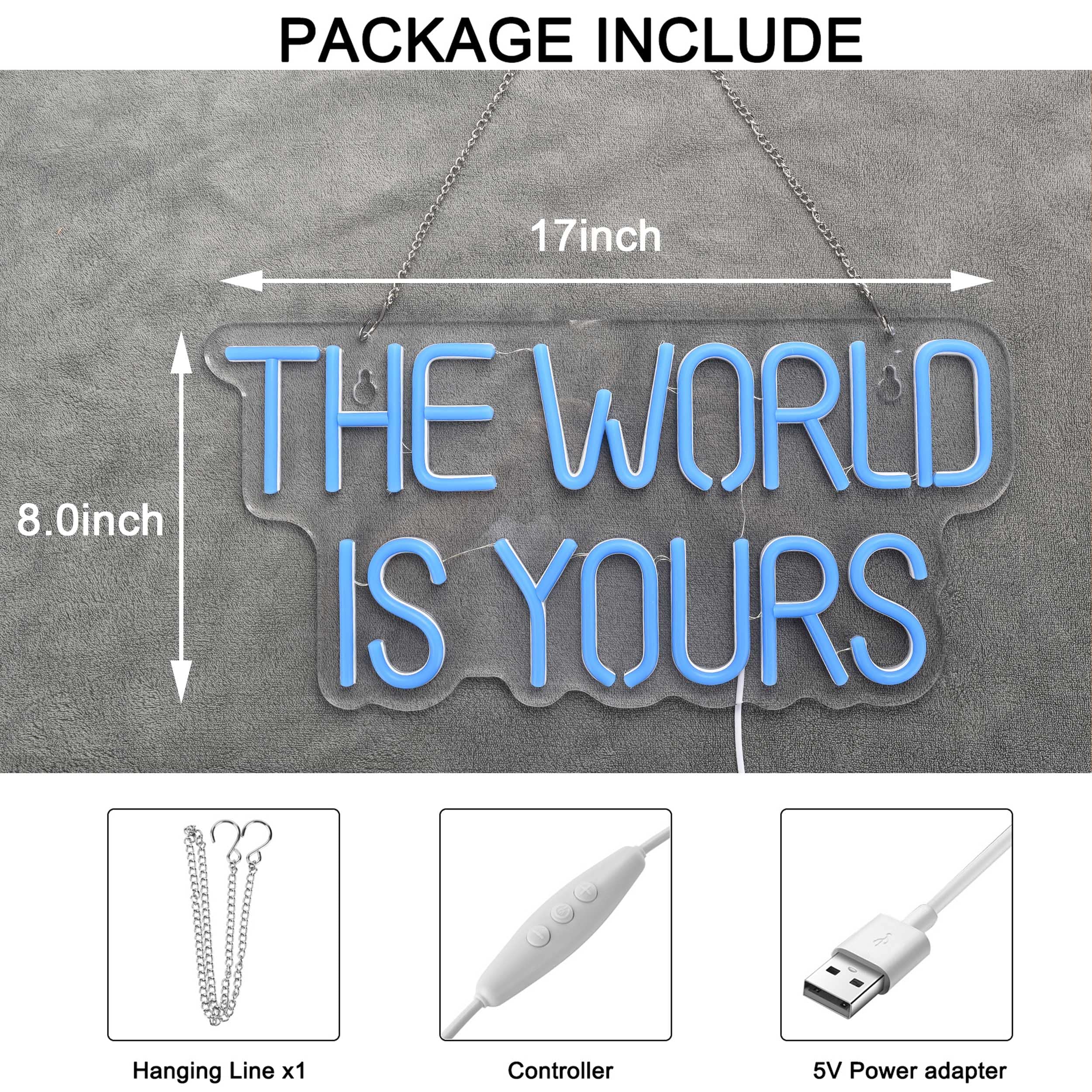 17x8 Inch LED Neon Blue 'The World is Yours' Dimmable Wall Sign - Custom Light Switch Art for Bedroom, Living Room & Party Decor | Perfect for Home, Office & Holiday Lighting