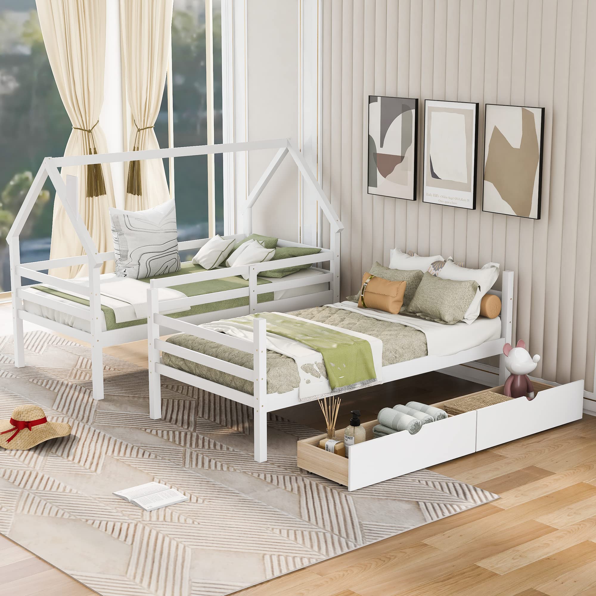 Twin Over Twin Wooden Bunk Bed with 2 Drawers & Chimney Design - Convertible to 2 Separate Beds for Kids, Teens & Toddlers - No Box Spring Required (White) | Perfect for Kids' Bedrooms, Guest Rooms & Space-Saving Home Solutions