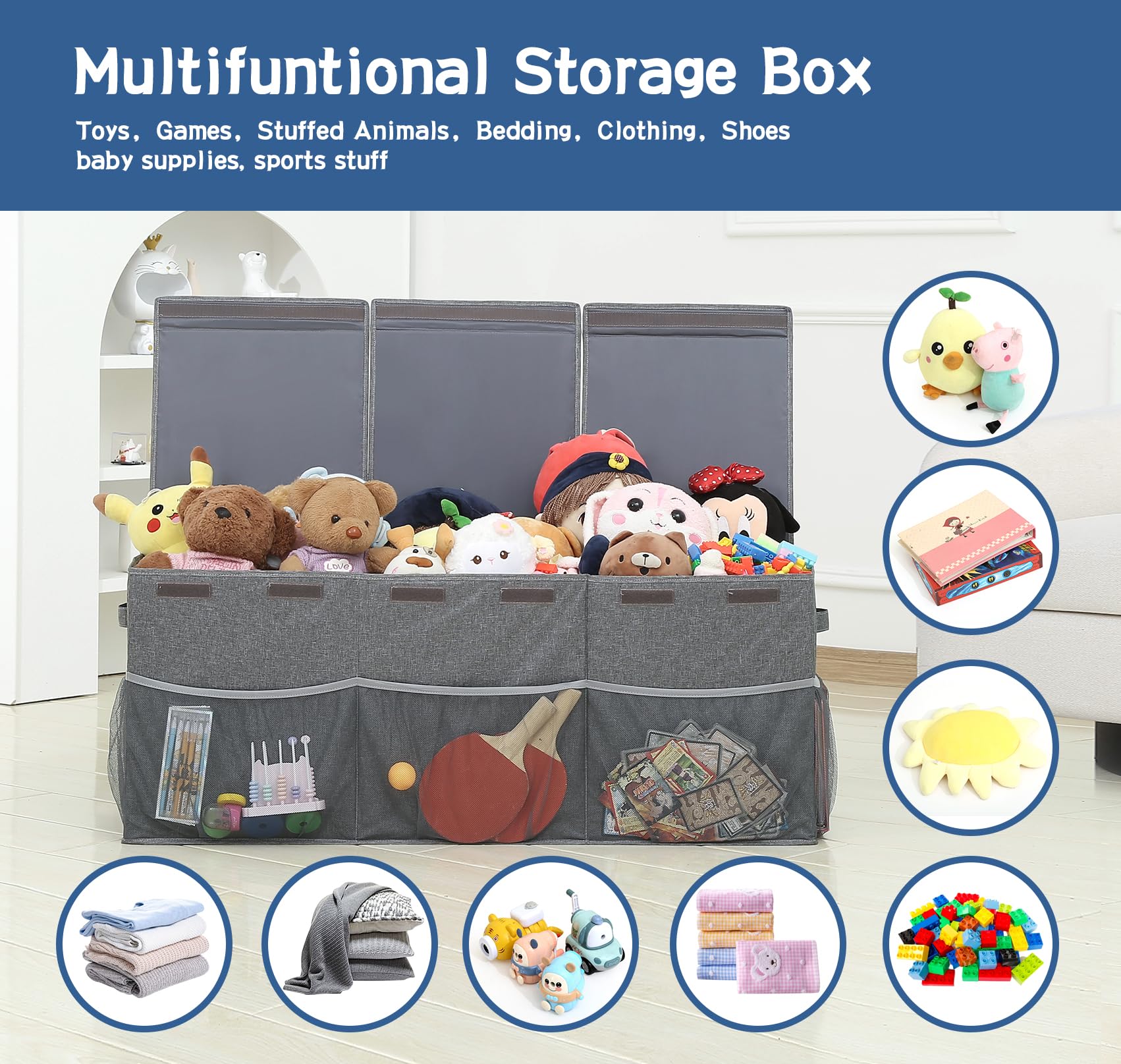 Extra Large Toy Storage Box with Mesh Pockets - Foldable Organizer Chest with Lid for Kids Toys, Nursery, Playroom & Office - Perfect for Organizing Stuffed Animals, Books & Toys (Boys & Girls)