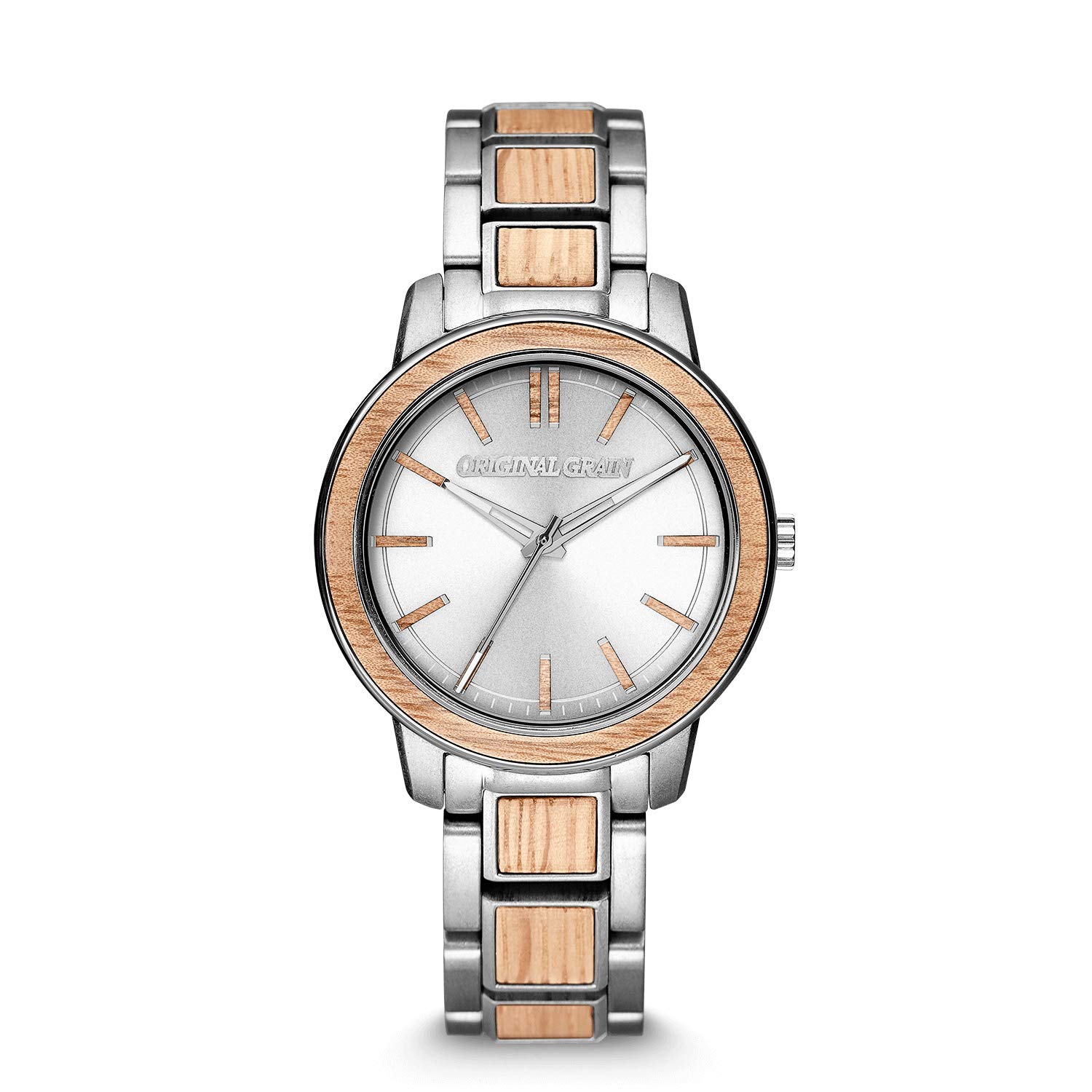 Original Grain Women's Koa Wood & Stainless Steel Watch - 36mm Analog Timepiece, Barrel Collection, 5ATM Water Resistant, Adjustable Silver Bracelet | Perfect for Business, Casual Wear & Outdoor Activities
