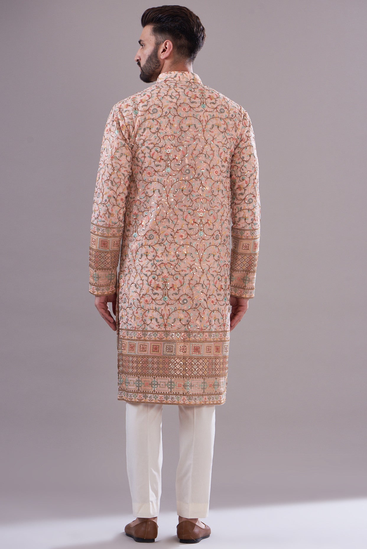 Stylish Peach Embroidered Kurta with Intricate Border - Perfect for Festivals, Weddings & Casual Wear