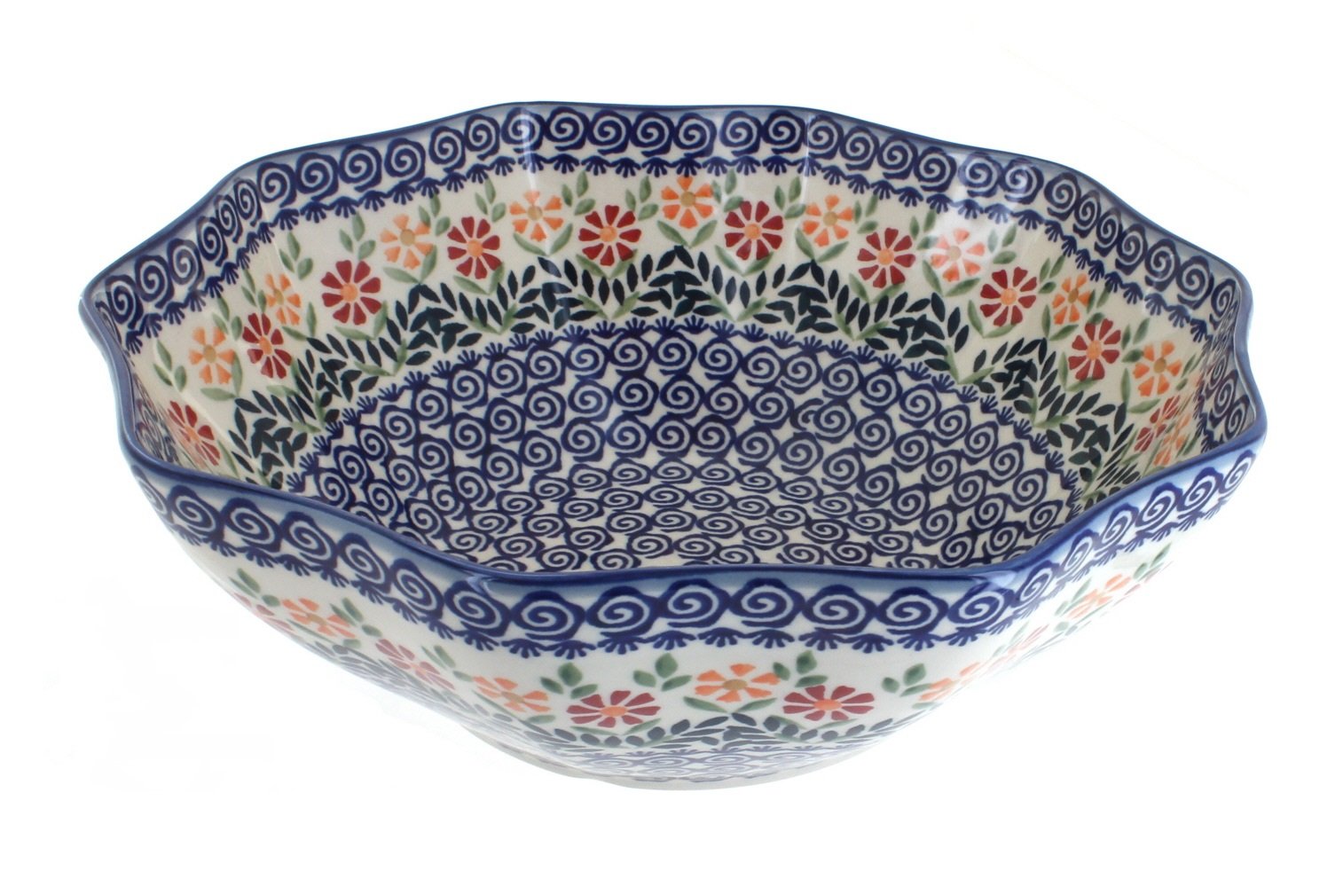 Handmade Blue Rose Polish Pottery Decagonal Serving Bowl - Medium Size Floral Design for Dining, Entertaining & Home Decor