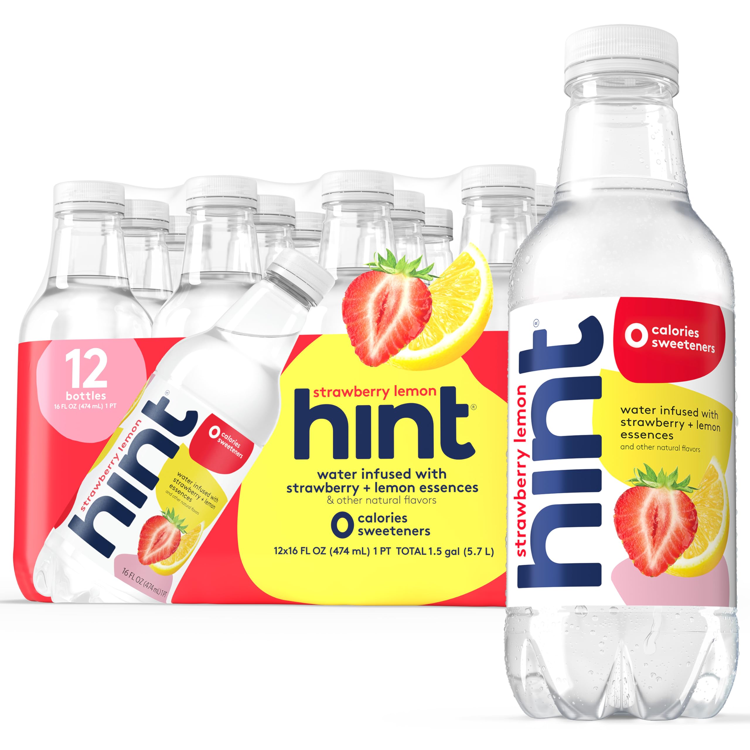 **Strawberry Lemon Hint Water - 12 Pack (16 oz Bottles) | Sugar-Free, Zero Calorie, No Artificial Flavors or Preservatives | Refreshing Hydration for Workouts, Office & On-The-Go**