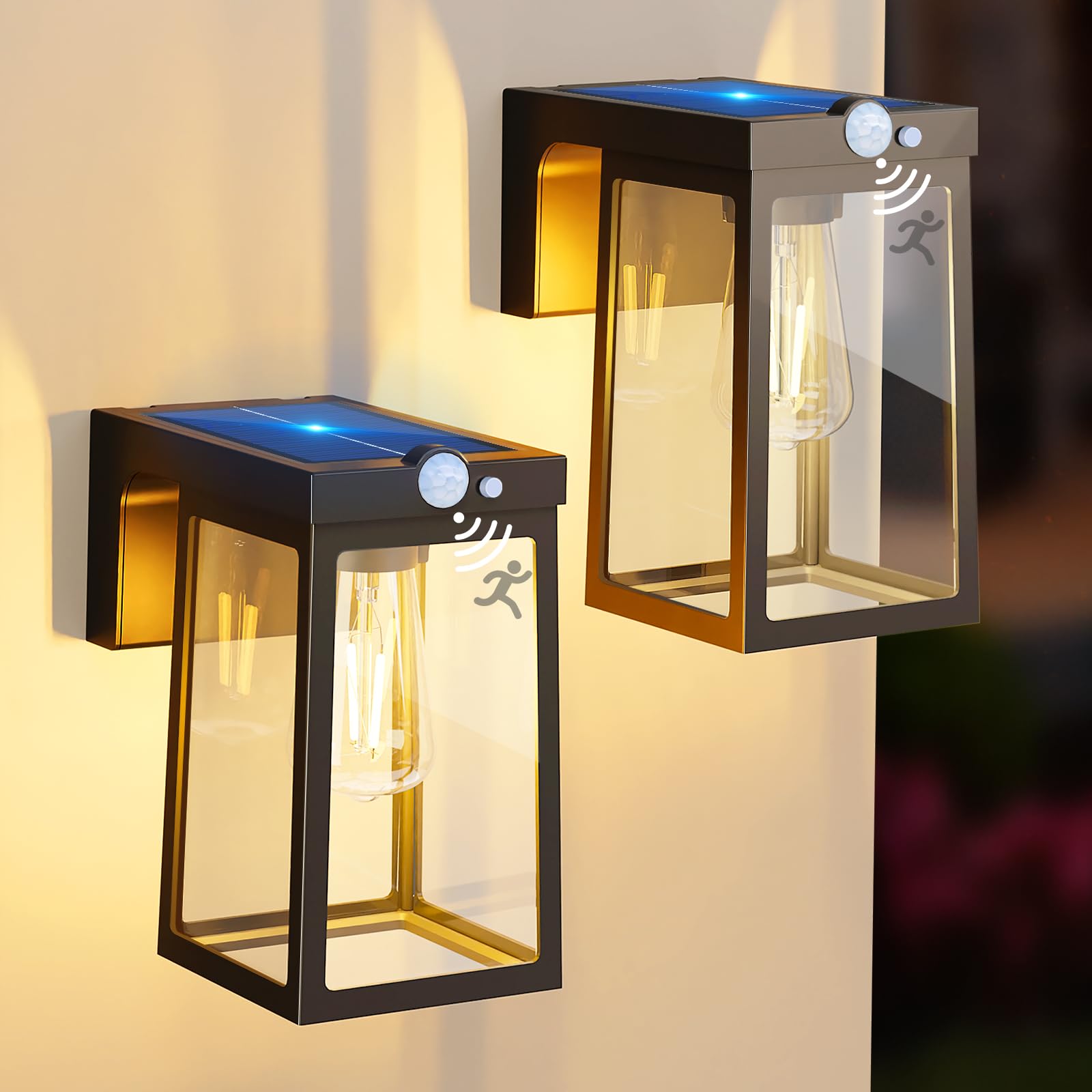 2 Pack Solar Motion Sensor Wall Lights - Waterproof Outdoor Solar Porch Lights with Dusk to Dawn & 2 Brightness Modes for House, Front Door, Patio, Fence, Garden & Yard Security Lighting