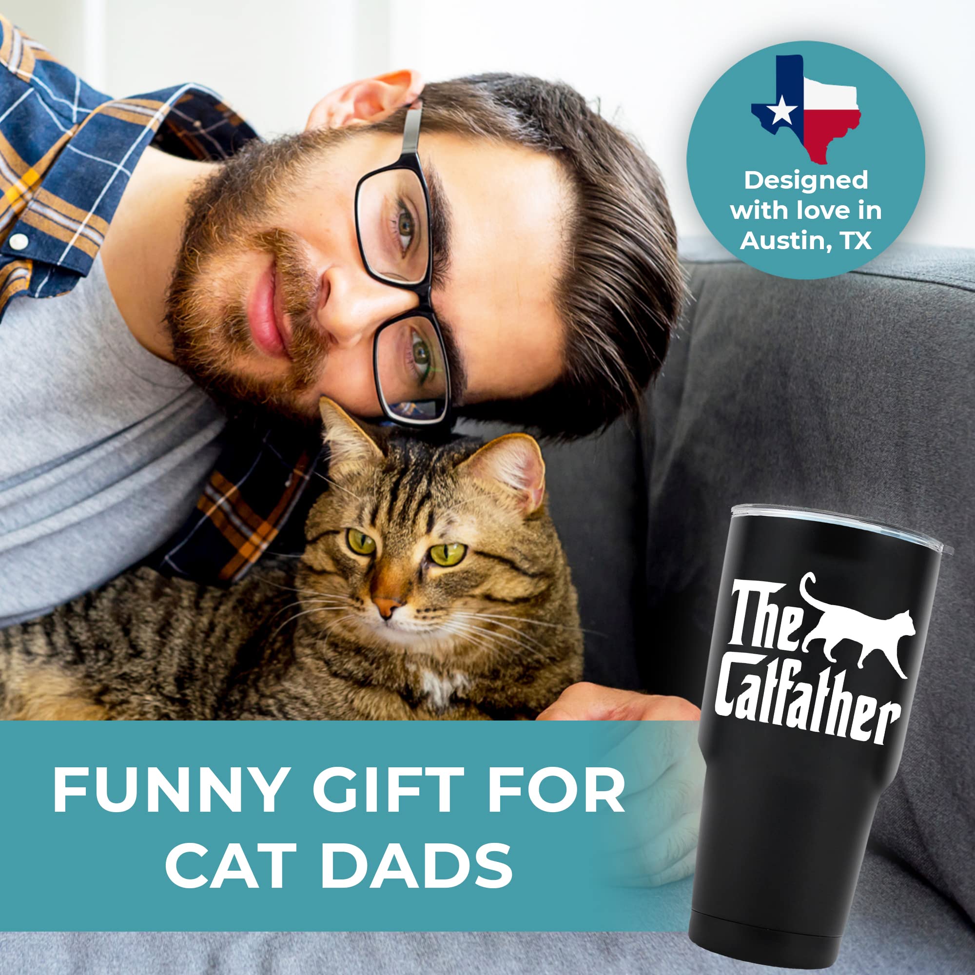 30oz Cat Dad Tumbler - Funny Cat Lover Gift for Men, Insulated Coffee Mug with Lid - Perfect for Office, Travel & Father's Day Gifts