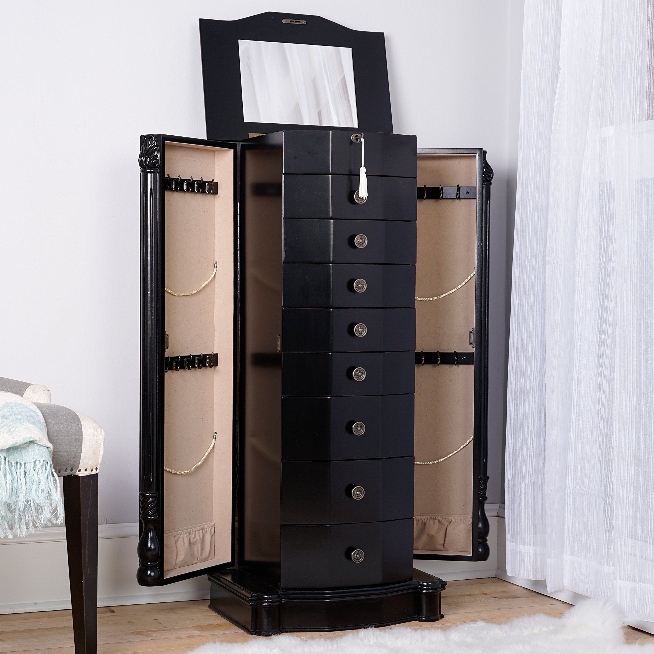 Alveare Home Louisa Standing Locking Jewelry Armoire - Wooden Jewelry Storage Cabinet with Full-Length Mirror, 8 Drawers, Necklace Hooks & Ring Rolls - Secure & Stylish Jewelry Organizer for Bedroom, Closet or Dressing Room - Black