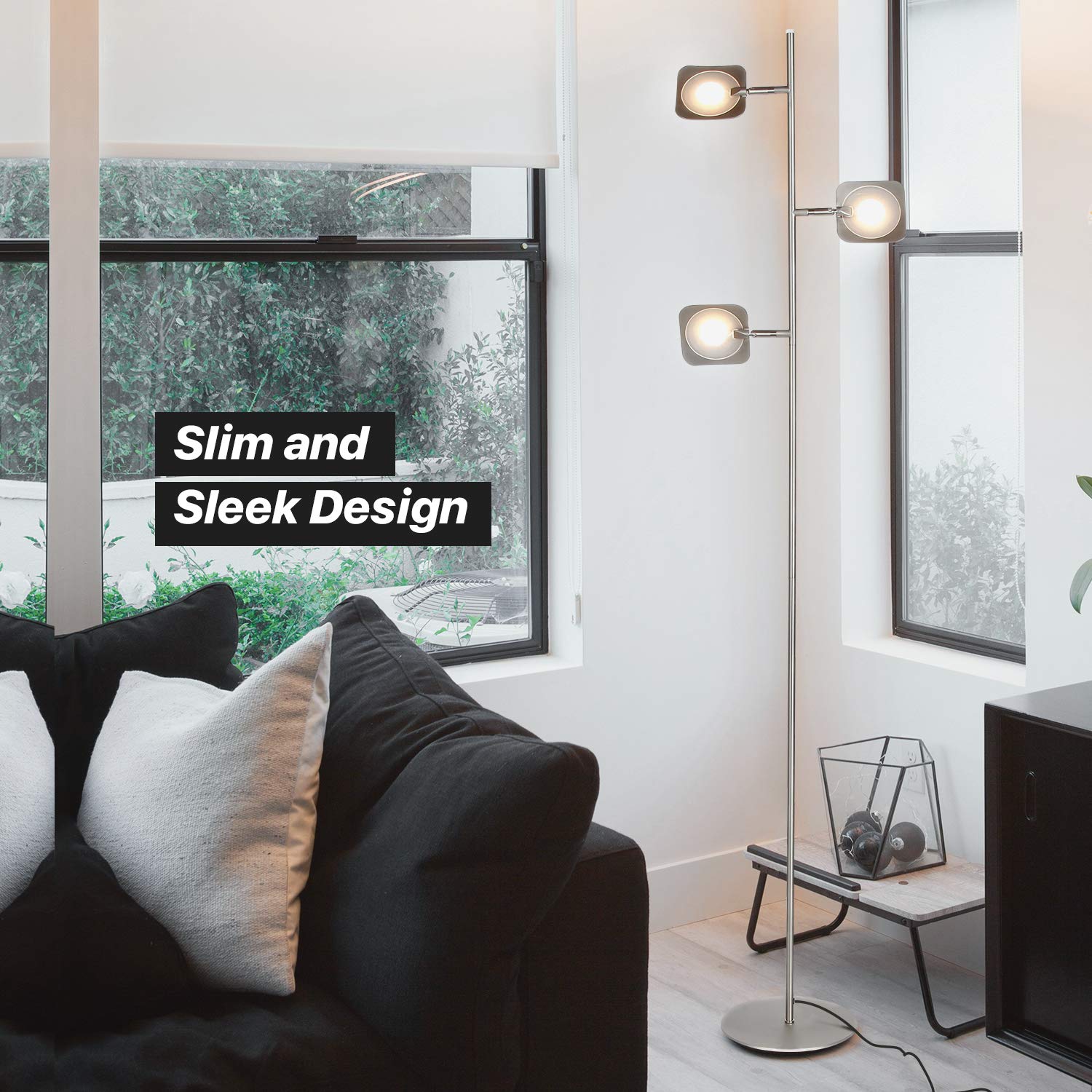 Brightech Adjustable LED Floor Lamp - Dimmable Standing Light for Living Room, Bedroom & Office, Modern Tree Design with Spotlight Panels, Space-Saving Tall Lamp in Satin Nickel Finish | Perfect for Reading, Working & Home Decor