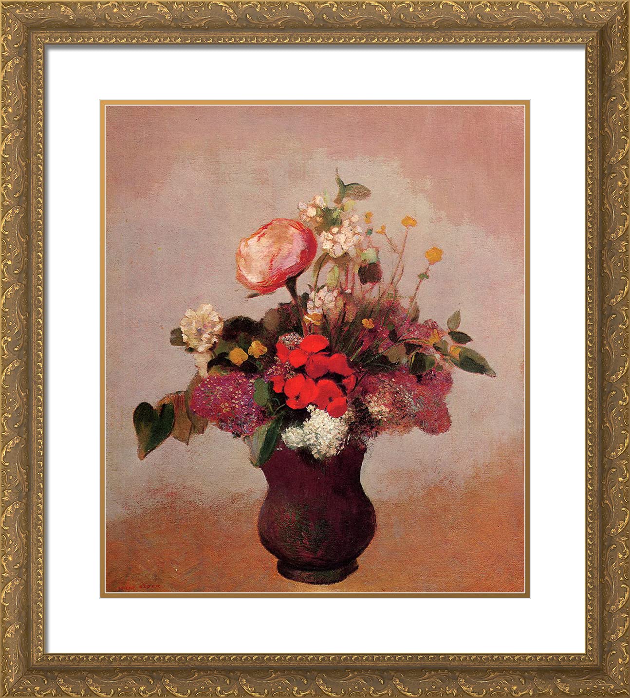 Odilon Redon 'Flowers in a Brown Vase' 20x22 Inch Gold Ornate Framed Art Print with Double Matting - Perfect for Living Room Decor, Office Wall Art & Home Interior Design
