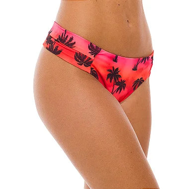 Red Tie Dye Coconut Trees Brazilian Wide Side Bikini Bottom - Tropical Beachwear for Women, Swimwear for Summer Vacation & Pool Party