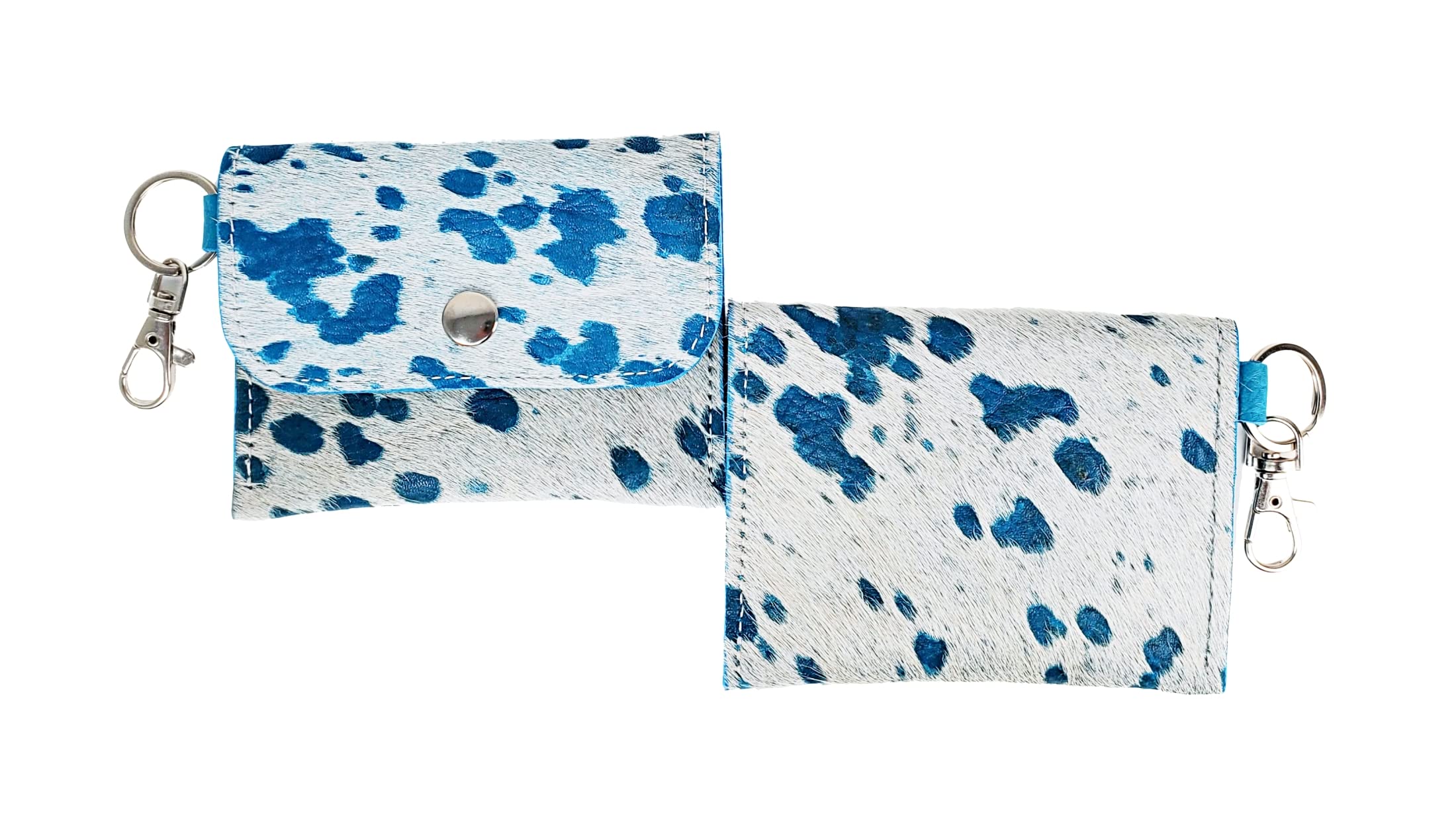 Premium Acid Wash Cowhide Keychain ID Card Wallet - Secure Business Card Holder with Hair-On Leather, Clip for Large Purses & Easy Grab & Go - Perfect for Travel, Work & Everyday Use (Turquoise Acid Wash)