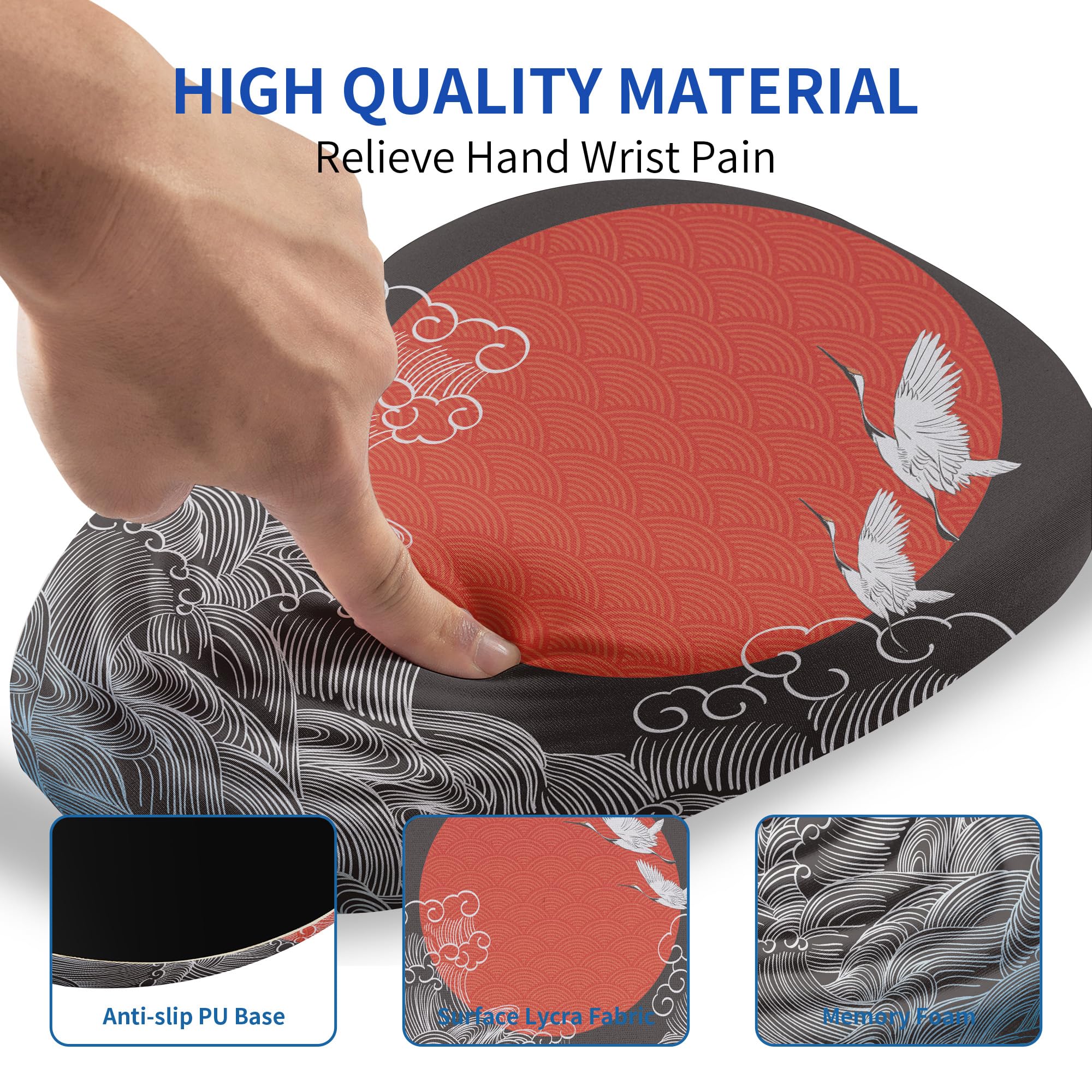 Ergonomic Mouse Pad with Memory Foam Wrist Support - Anti-Slip PU Base for Pain Relief - Compatible with Laptop & Desktop Computers (12x8x1.2inch, Japanese Sunrise Design) - Perfect for Office Work, Gaming & Long Computer Sessions