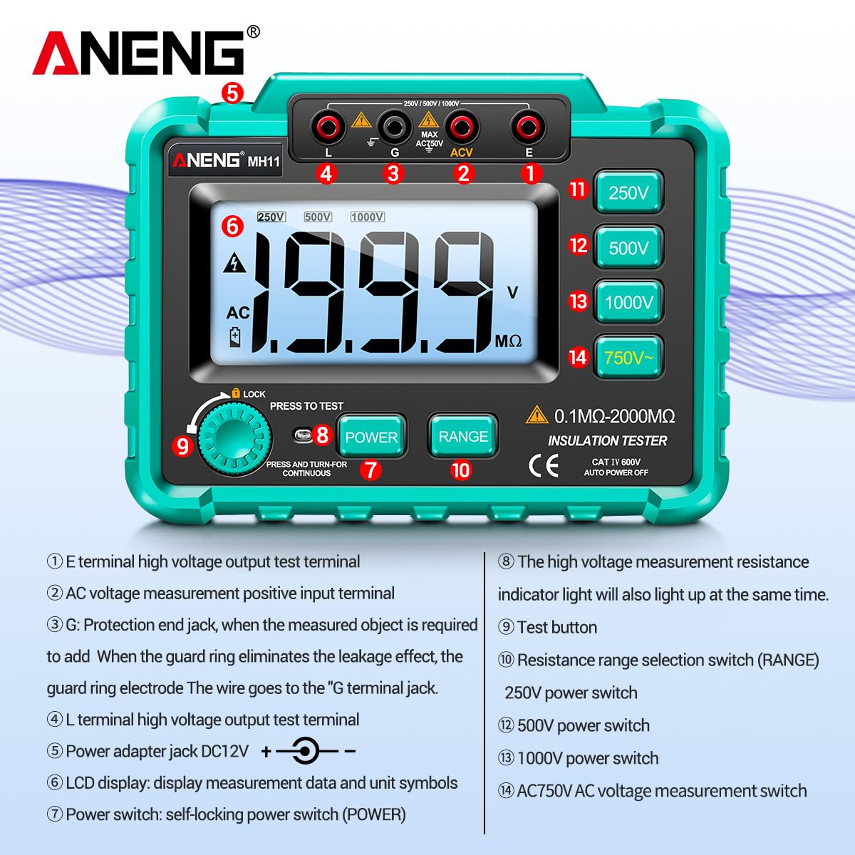 500V/1000V Digital Megohmmeter - High Voltage Insulation Resistance Tester for Electricians | MH11 Electronic Shaking Table | Green | Perfect for Industrial Maintenance, Electrical Safety Testing & Equipment Diagnostics