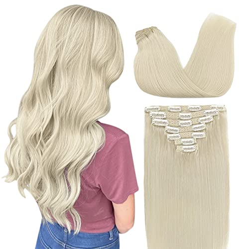 Slinsmei 7-Piece Clip-In Human Hair Extensions 20 Inch Platinum Blonde Straight Remy Hair (120g) - Natural Look for Women, Parties & Daily Styling