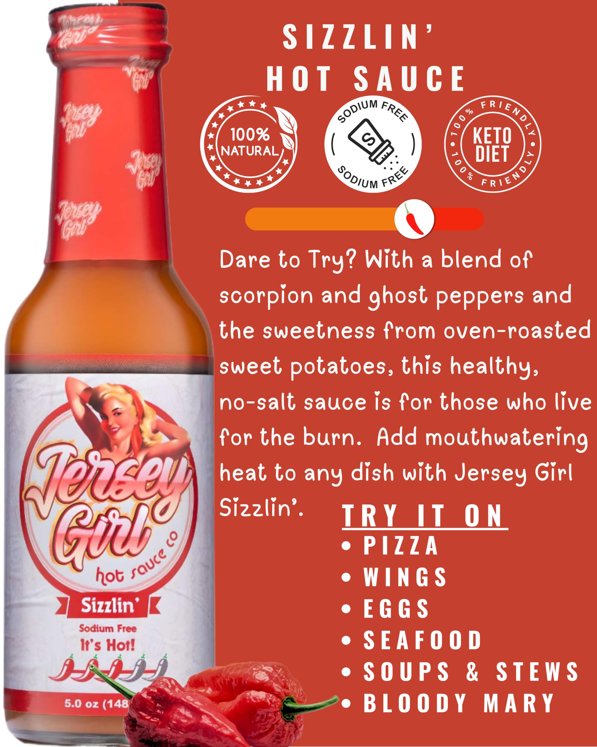 Jersey Girl Hot Sauce Co - Sizzlin' Original All Natural Low Sodium Hot Sauce with Trinidad Scorpion, Long Hots & Habanero Peppers - 5 oz (Pack of 2) - Perfect for Tacos, Wings & Grilling
