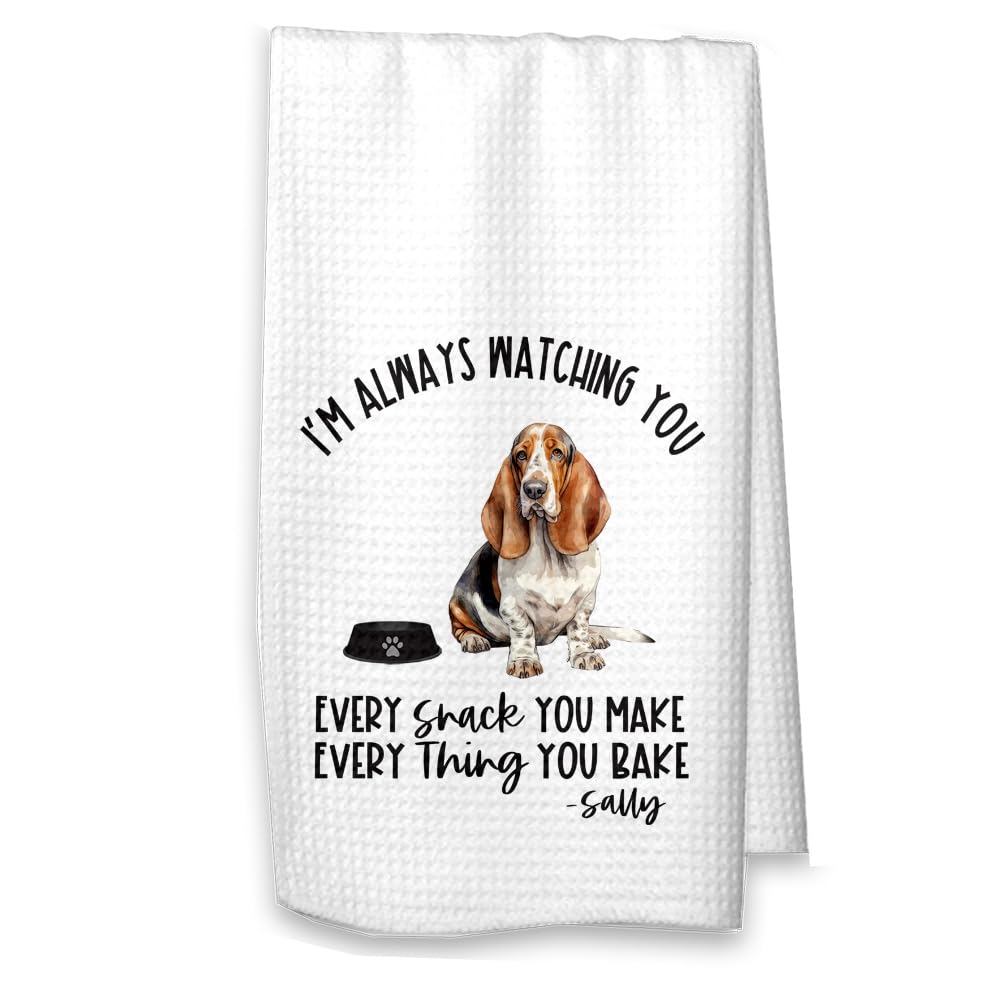 Personalized Basset Hound Waffle Kitchen Towel - Custom Name Dog Lover Gift for Mom/Dad - Housewarming & Hostess Present - Funny 'Always Watching You' Design - Perfect for Kitchen Decor, Dog Themed Parties & Pet Owner Gifts