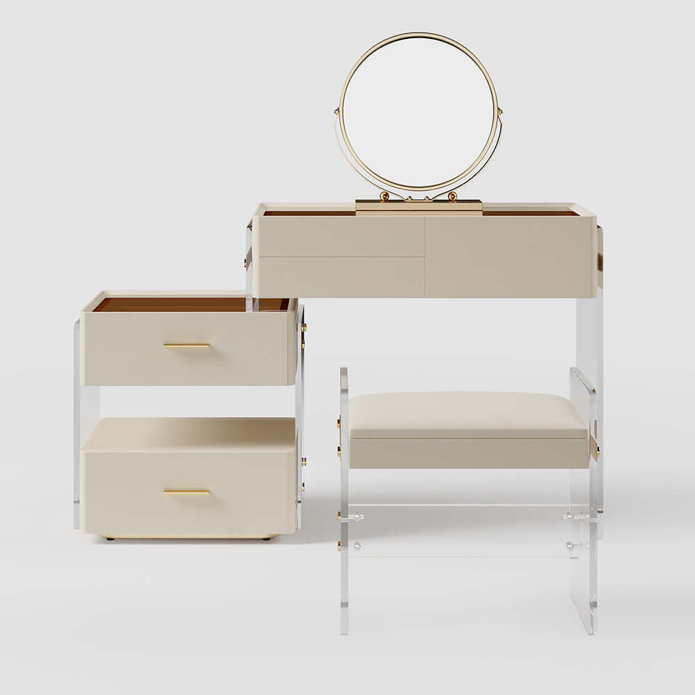 White Extendable Acrylic Makeup Vanity Set with Mirror, Stool & Drawers - Perfect for Bedroom, Dressing Room & Small Space Organization