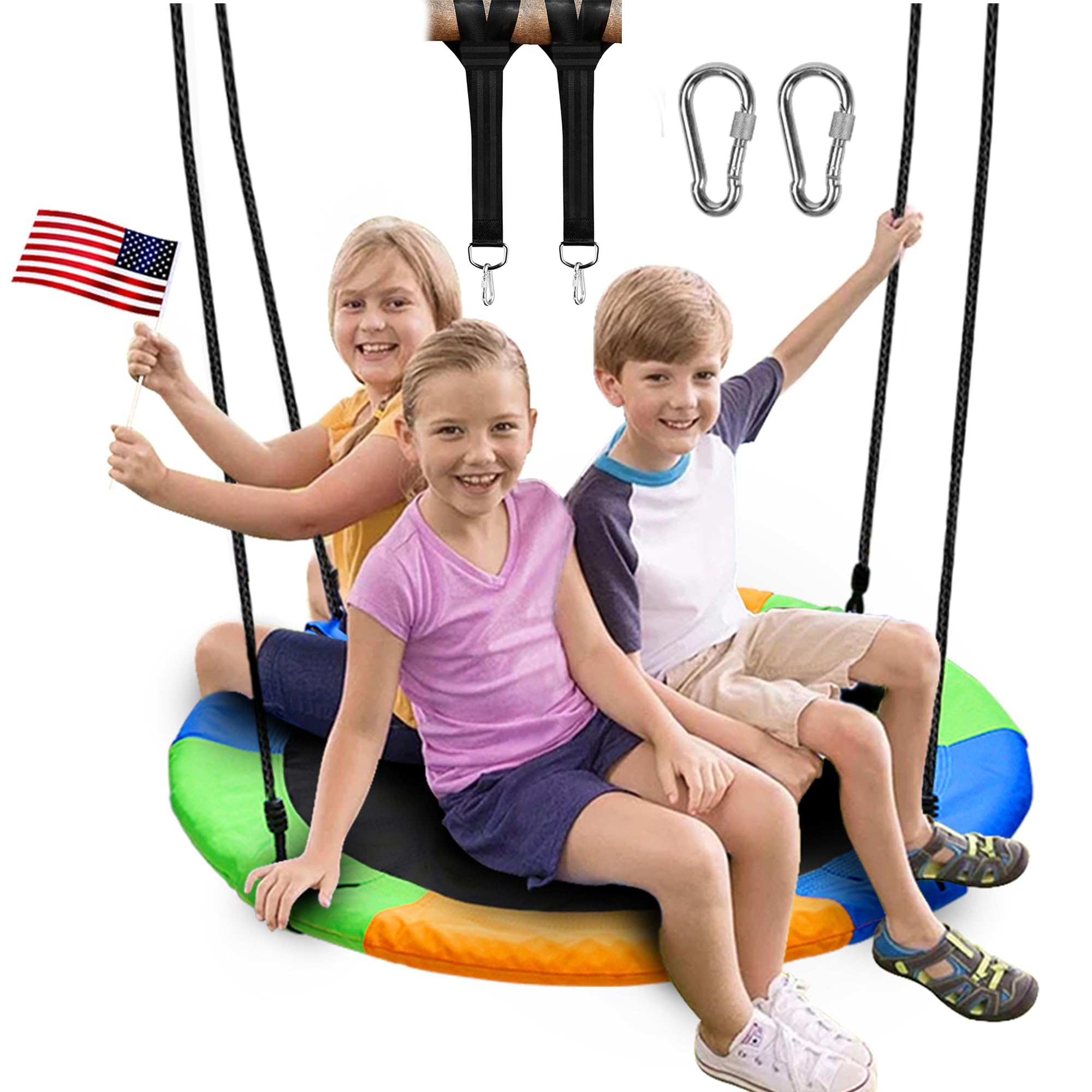 Juegoal 40 Inch Saucer Tree Swing - Heavy Duty Outdoor Rope Swing with Platform for Kids, Includes Bonus Carabiner for Easy Hanging - Perfect for Backyard, Garden, and Playground Fun