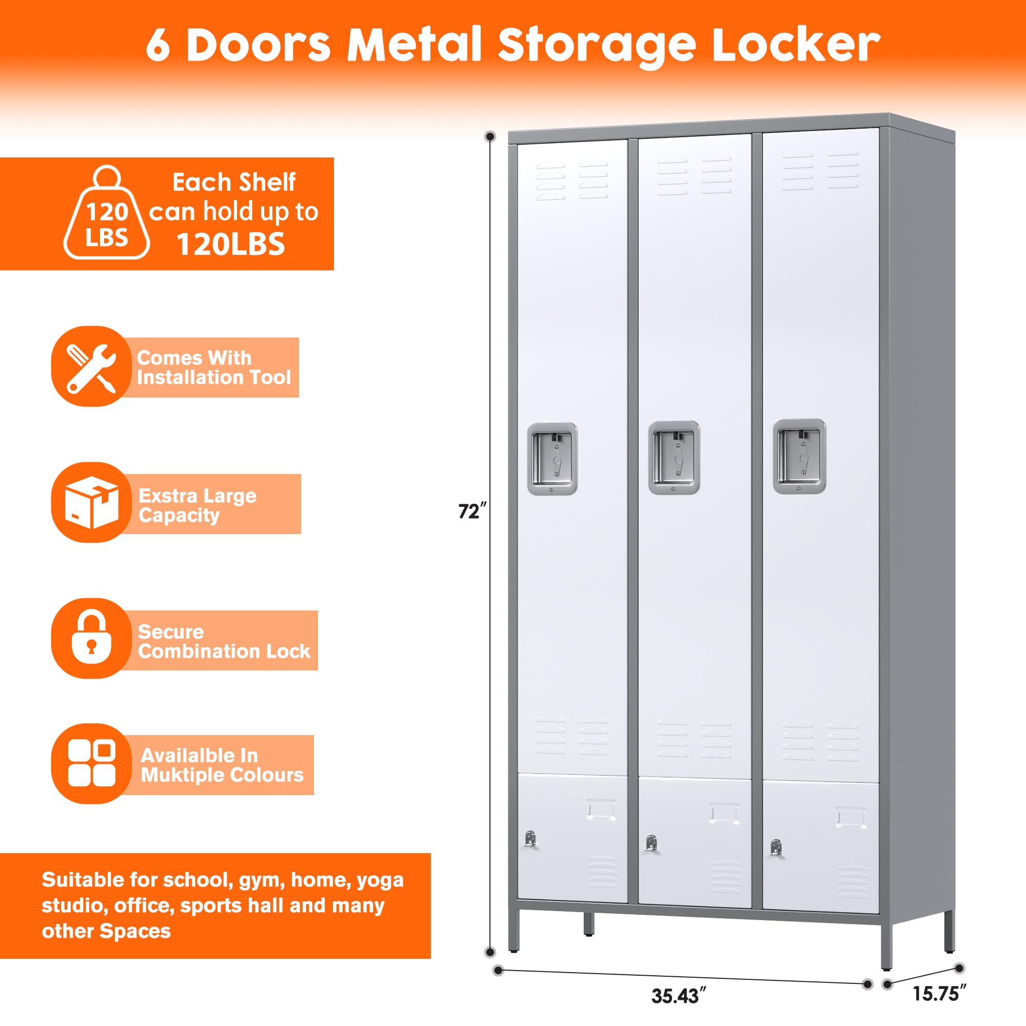 Aobabo Heavy Duty Metal Storage Locker with 9 Hooks - 6-Door Combination Lock Cabinet for Office, Gym, Bedroom & Dormitory (Grey & White) - Perfect for Employee Storage, Sports Gear Organization & School Locker Room - Assembly Required