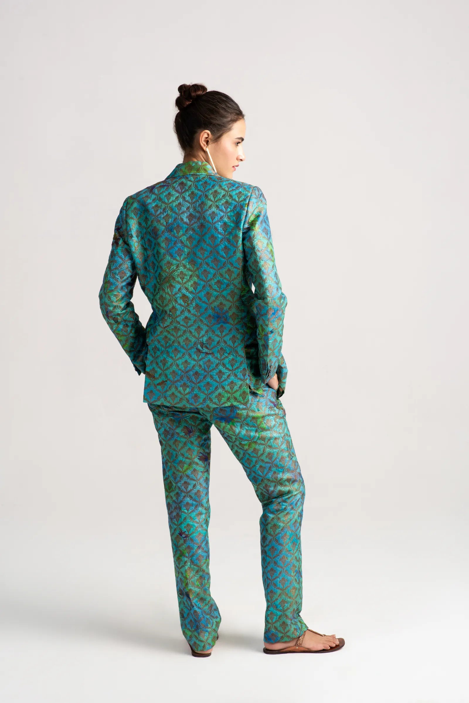 Elegant Rana Blazer in Silk Brocade Aqua Blue - Perfect for Office Wear, Cocktail Parties & Special Occasions
