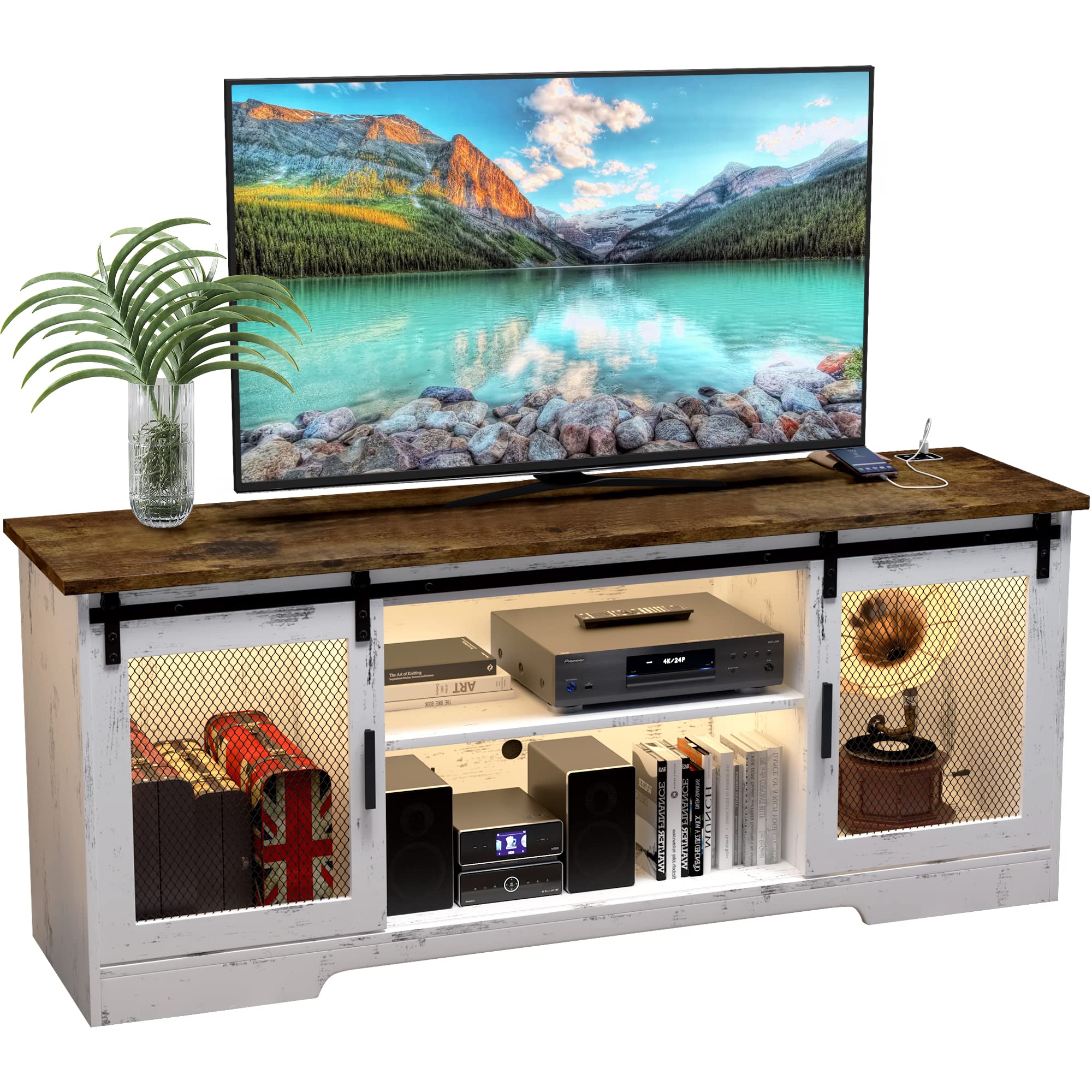 LVSOMT 55-65 Inch TV Stand with Auto ON/Off LED Lights - White Wooden Entertainment Center with Sliding Doors, Farmhouse Style TV Cabinet with 3-Color Lighting & Adjustable Brightness (59