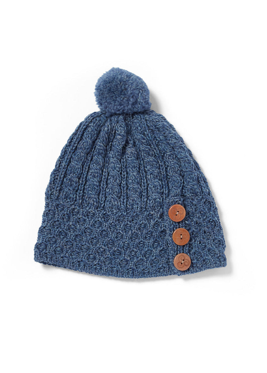 Aran Button Hat for Women & Men - Cozy Knit Beanie with Denim Accents - Perfect for Winter, Fall & Outdoor Activities