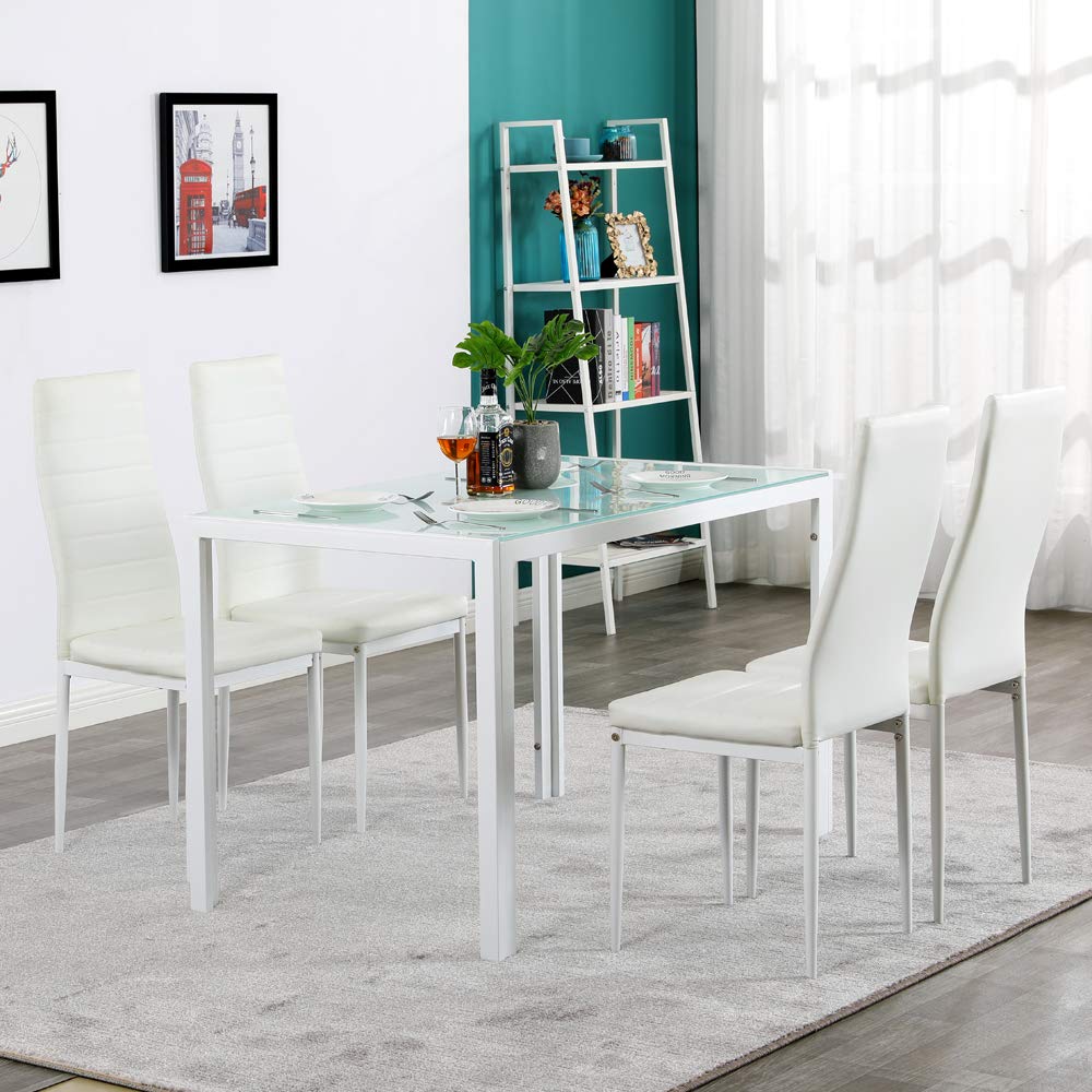 BNSPLY 5-Piece White Dining Table Set for 4 - Modern Kitchen & Dining Room Table with Chairs - Perfect for Small Spaces, Breakfast Nook, and Family Meals