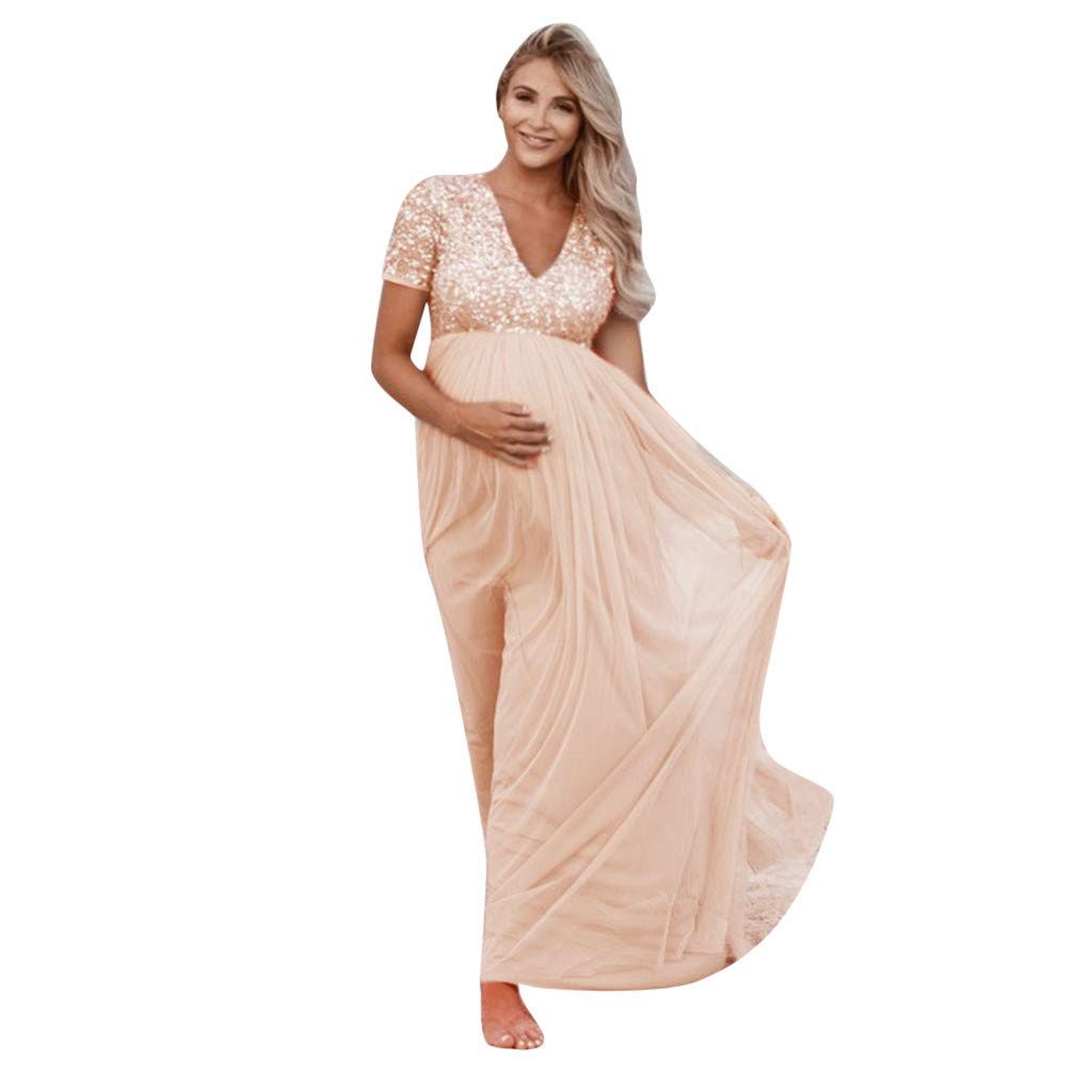 Elegant Maternity Photoshoot Dress - Sparkling Sequined Short Sleeve Pregnancy Gown for Women | Perfect for Baby Showers, Maternity Photos & Special Occasions