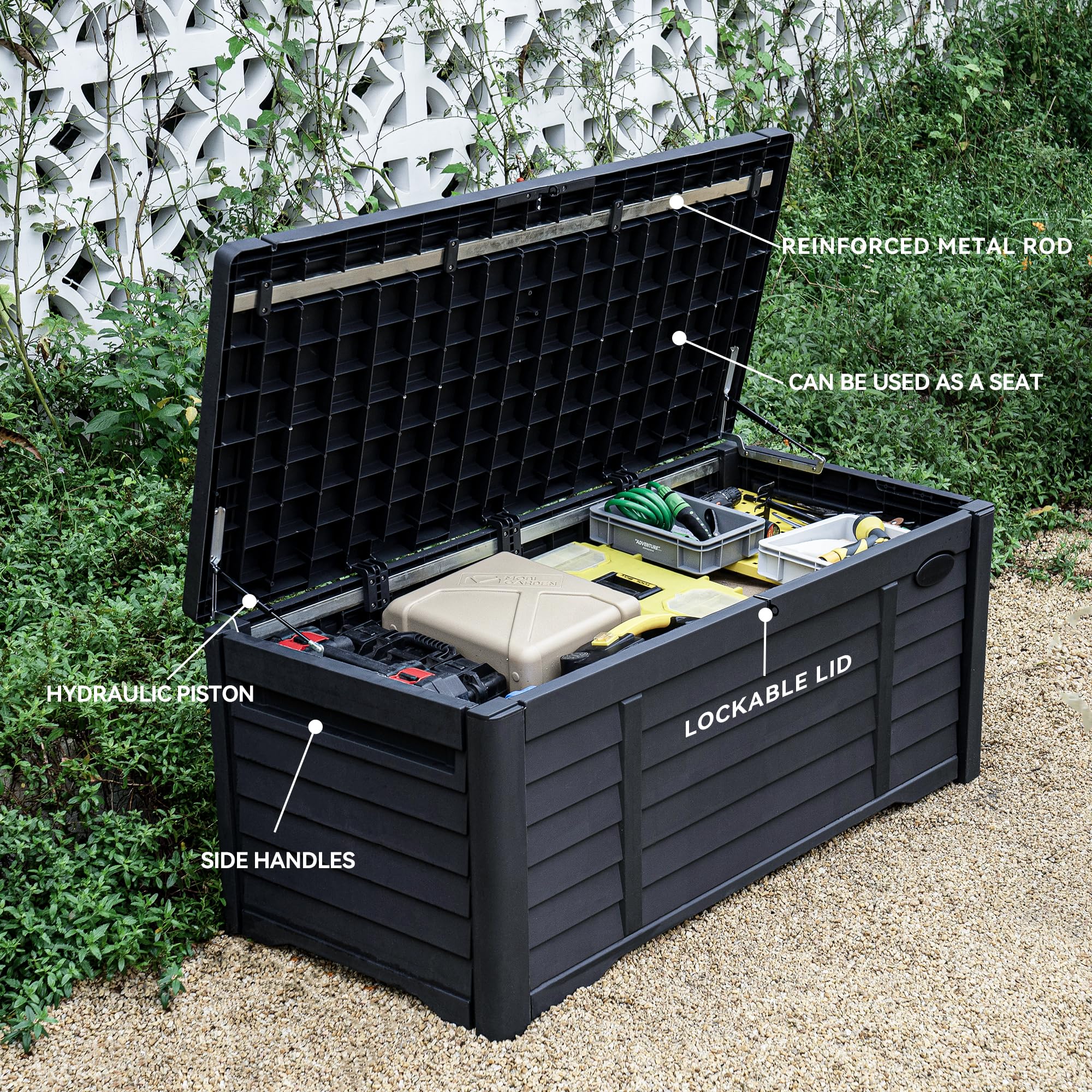 DWVO 120 Gallon Large Deck Box - Waterproof Outdoor Storage Container for Patio, Garden & Pool Supplies | Extra Large Resin Storage Bin with Lockable Lid | Ideal for Storing Pillows, Tools & Outdoor Equipment | Black