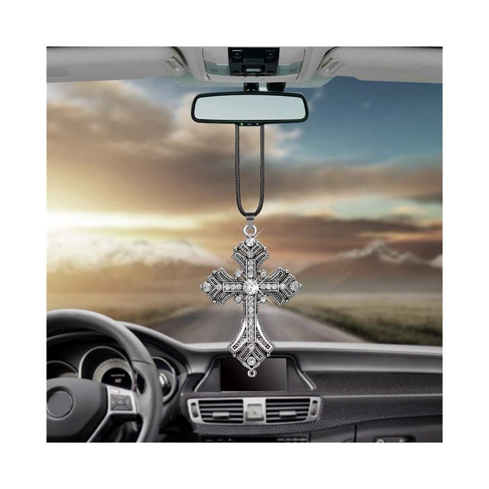 Diamond Cross Car Pendant - Metal Hanging Mirror Ornament for Auto Interior Decoration | Stylish Rearview Mirror Dangle Accessory & Gift for Men Women | Perfect for Commuting, Road Trips & Personalizing Your Vehicle