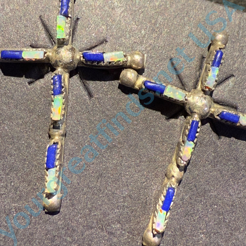 Sterling Silver Zuni Lapis & Opal Needlepoint Turquoise Cross Pierced Post Earrings - Handmade Native American Jewelry for Women - Perfect for Church, Weddings & Special Occasions