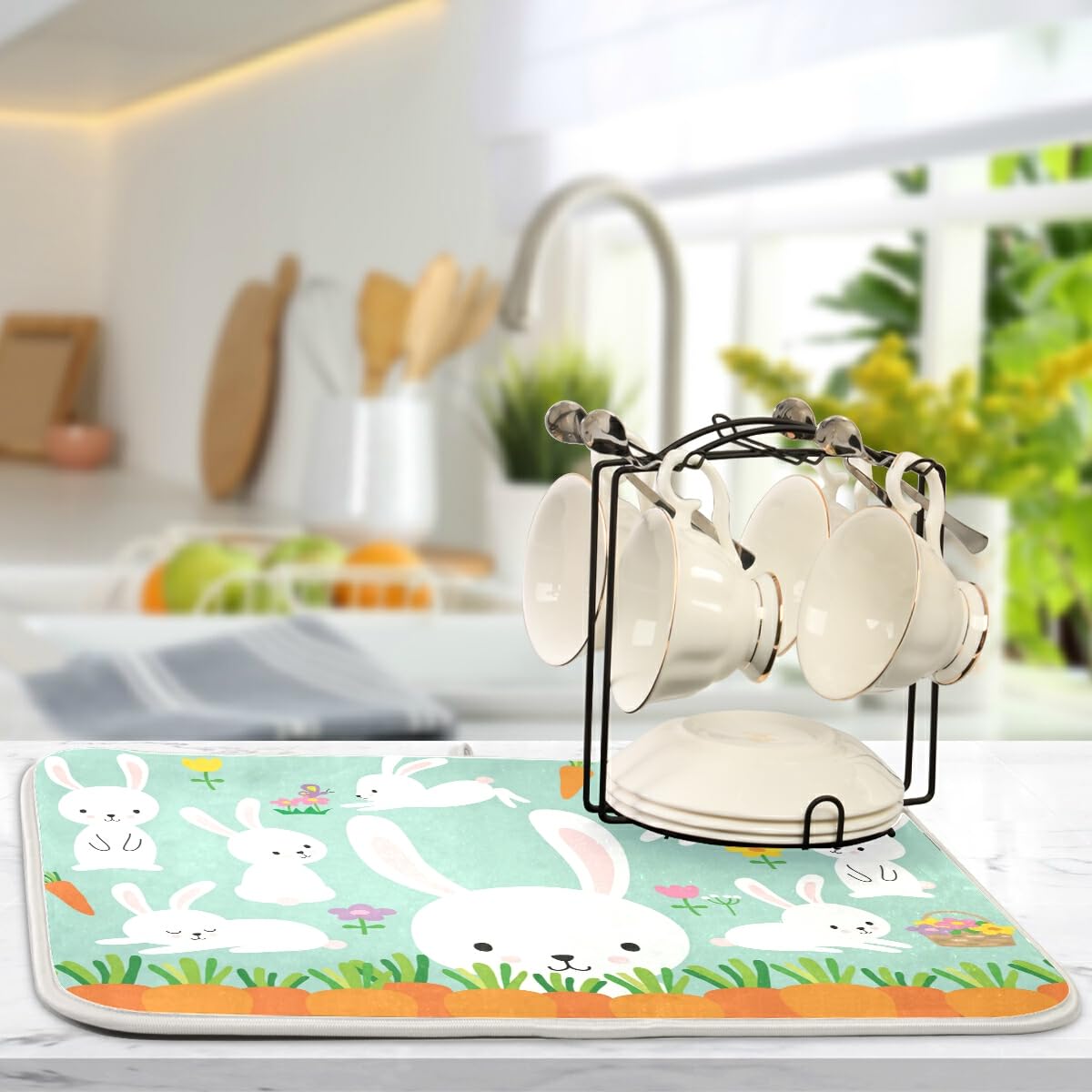 Easter Bunny Rabbit Flowers Dish Drying Mat - Absorbent Large Kitchen Drying Pad (18