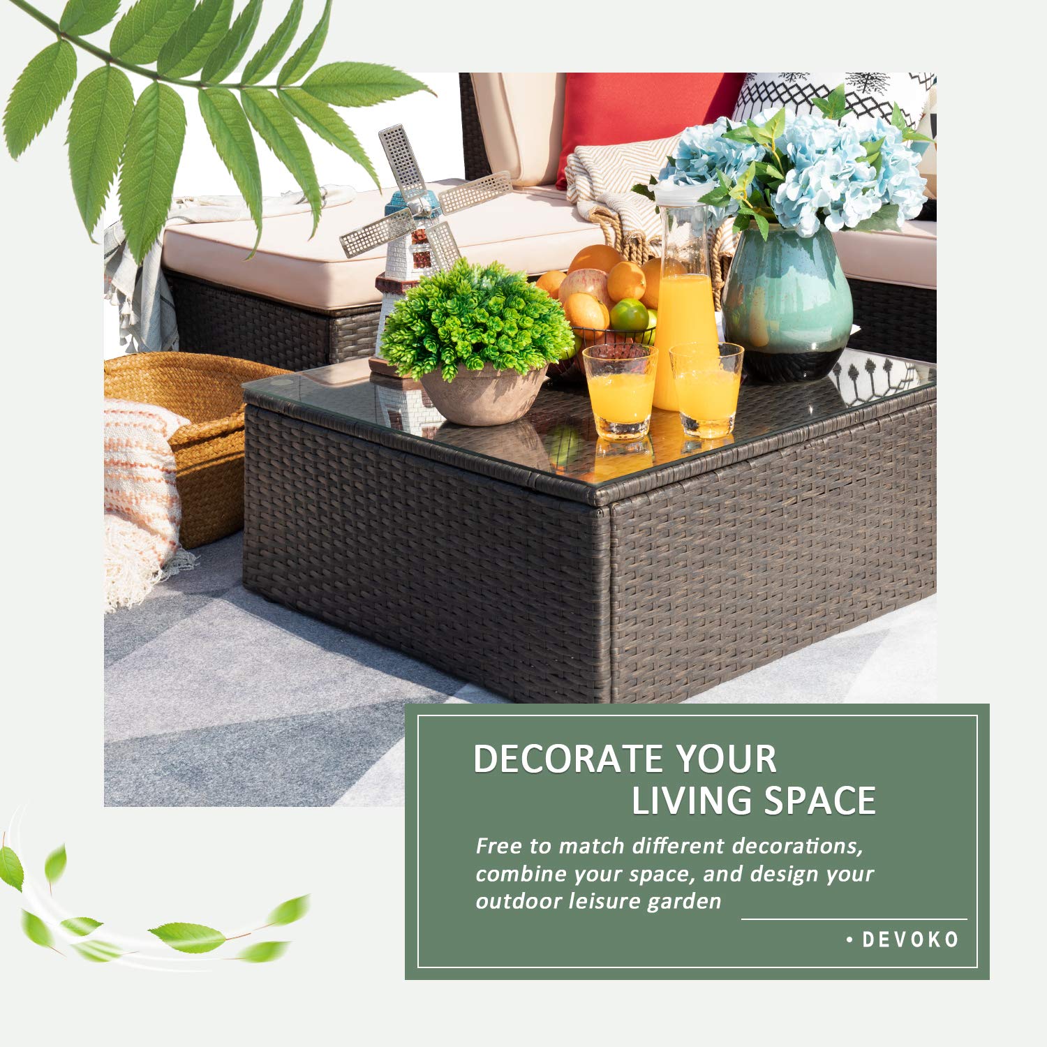 Devoko 7-Piece All-Weather Outdoor Patio Furniture Set - Wicker Rattan Sectional Sofa with Cushions & Glass Coffee Table, Beige - Perfect for Backyard, Garden, Poolside & Patio Relaxation