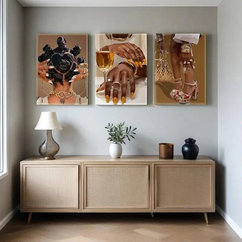 3-Piece Trendy Black Woman Metal Wall Art - Ready to Hang Modern Home Decor for Living Room, Bedroom & Office - African American Art Prints for Stylish Interior Design