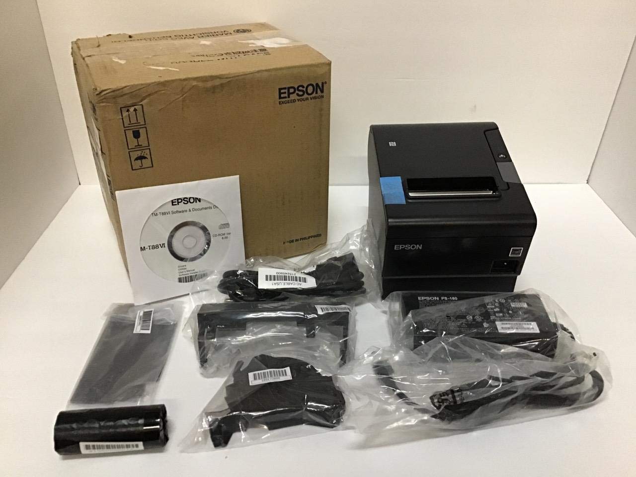 Epson TM-T88VI Thermal Receipt Printer - Ethernet, USB & Serial Interfaces - Black - Includes PS-180 Power Supply & AC Cable - Ideal for Retail Stores, Restaurants & POS Systems