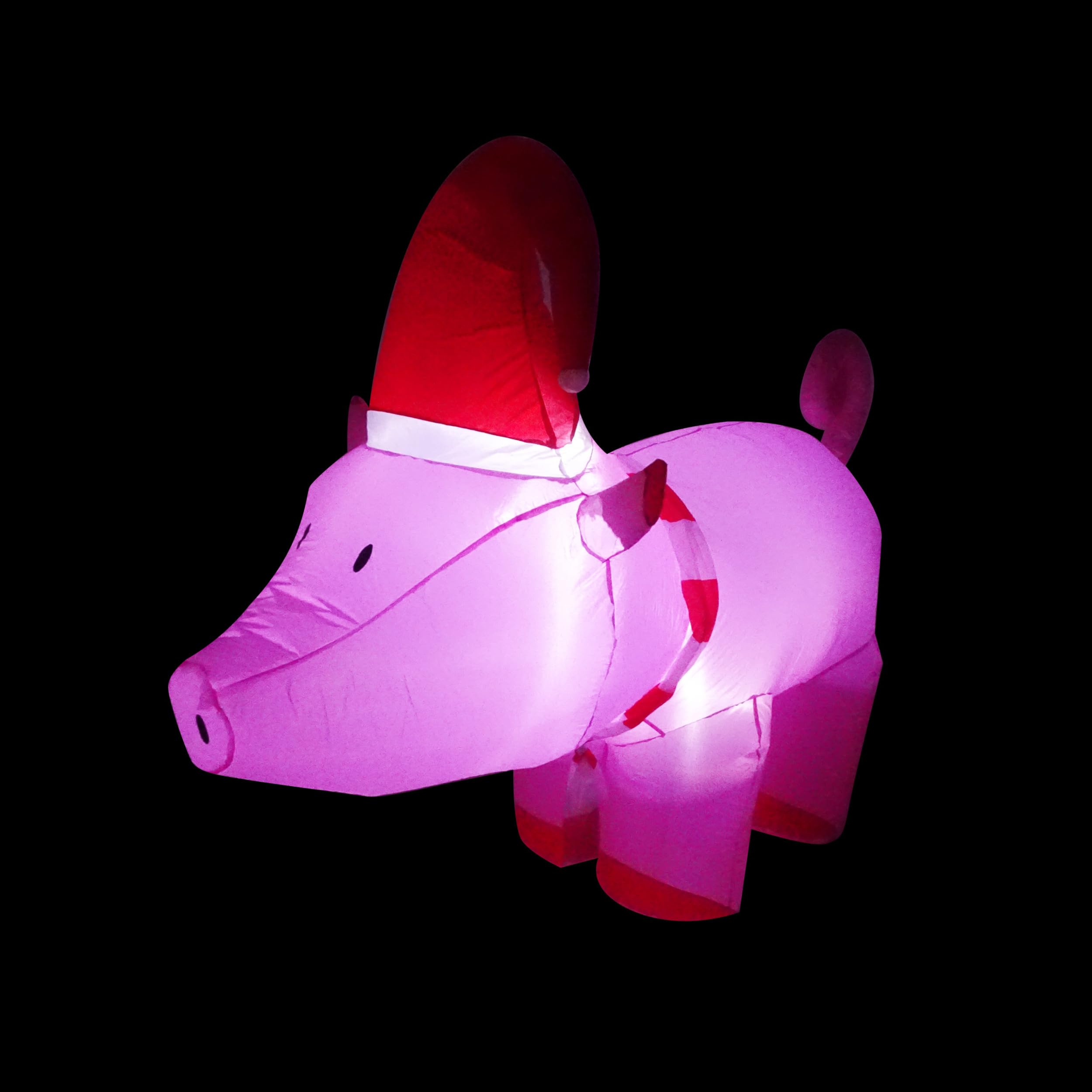Inflatable Pink Pig with Santa Hat Decor & LED Lights - Outdoor Christmas Decoration for Yard, Garden, and Holiday Party Decorating