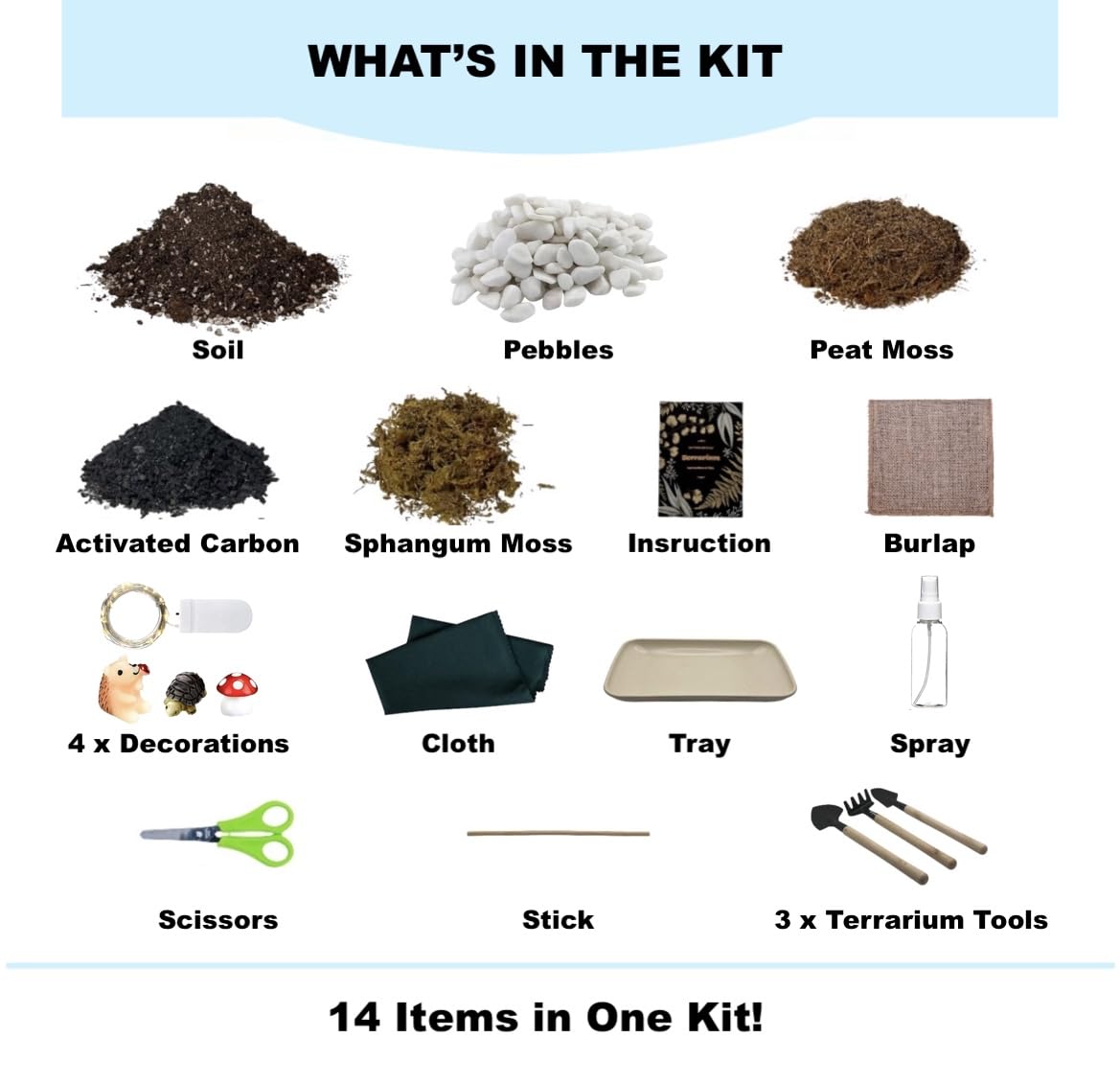 Complete DIY Terrarium Kit with 13 Items - Soil, Pebbles, Sphagnum Moss, Activated Carbon & Tools for Indoor Gardening | Create Your Own Mini Ecosystem for Home Decor, Office Desk or Gift
