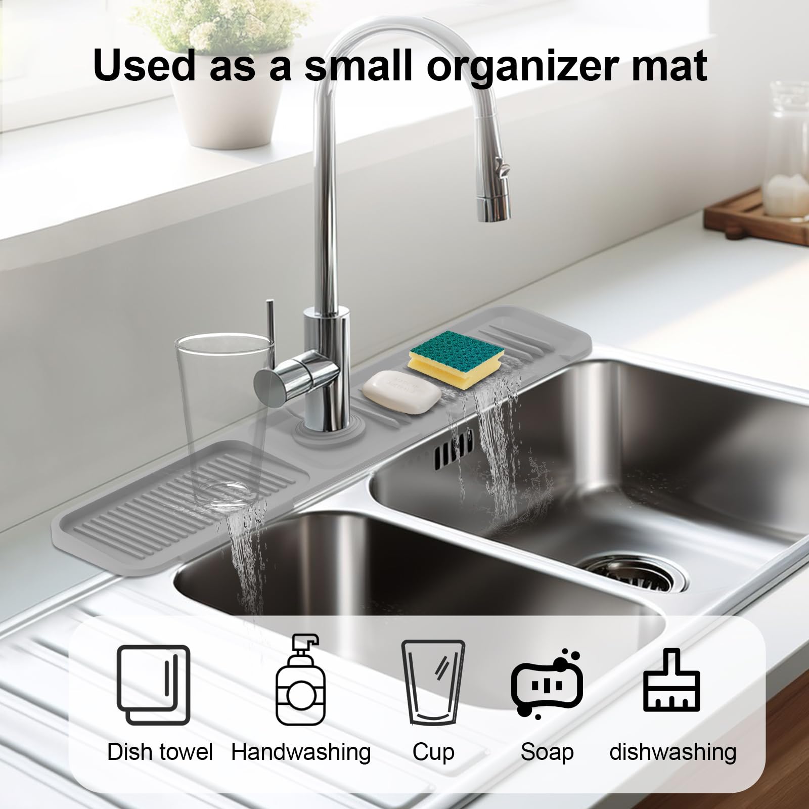 24 Inch Silicone Faucet Mat for Kitchen Sink - 5°Slope Fast Draining Splash Guard Behind Faucet, Non-Slip Sink Protector Mat for Kitchen & Bathroom (Gray) - Perfect for Countertop Protection & Water Splash Prevention