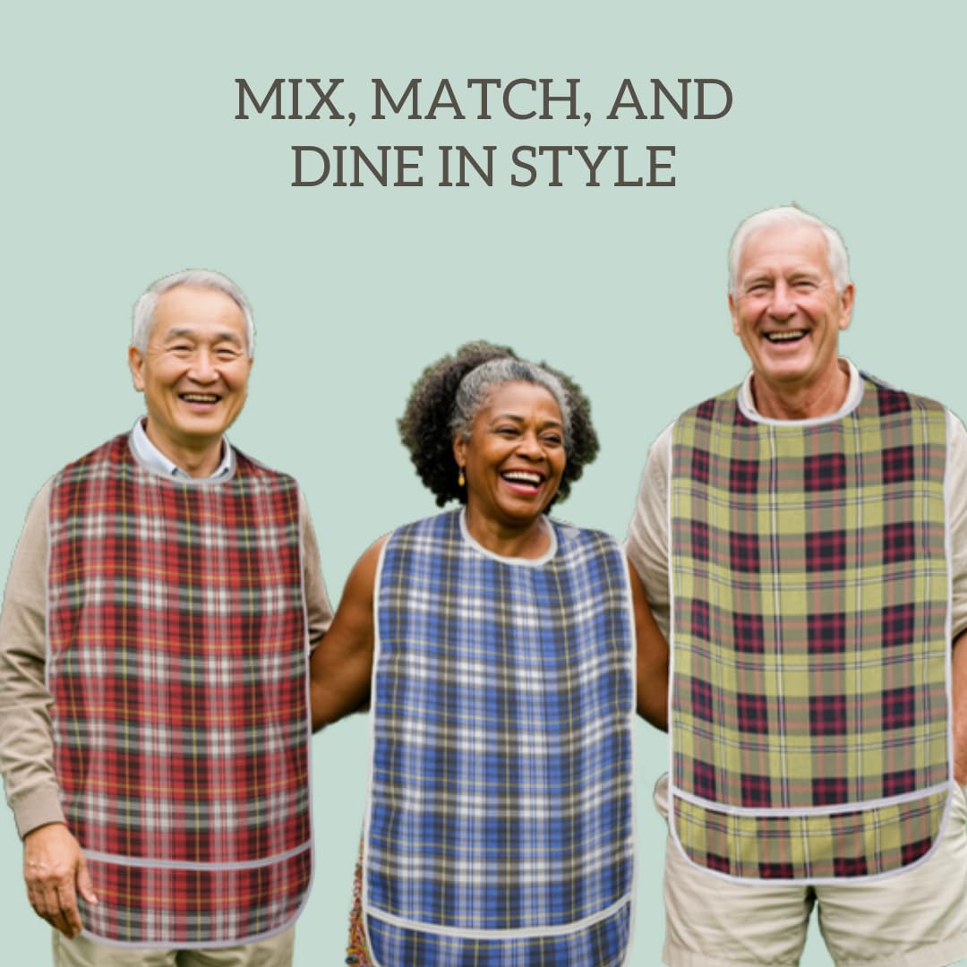 Modaliv Adult Bibs - 3 Pack Waterproof Reusable Bibs with Crumb Catcher for Seniors - Washable Extra Long Clothing Protectors for Men & Women (Blue, Beige, Red) - Perfect for Dining, Assisted Living & Mealtime Independence