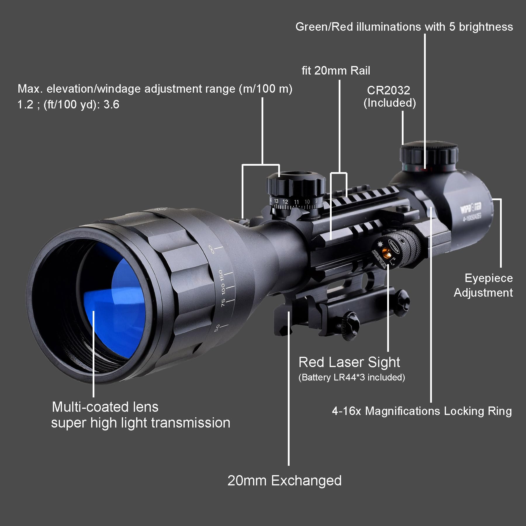 4-16x50 AO Rifle Scope with Red & Green Illuminated Range Finder Reticle - Red Dot Sight for Hunting, Shooting & Tactical Use - Black Matte Finish