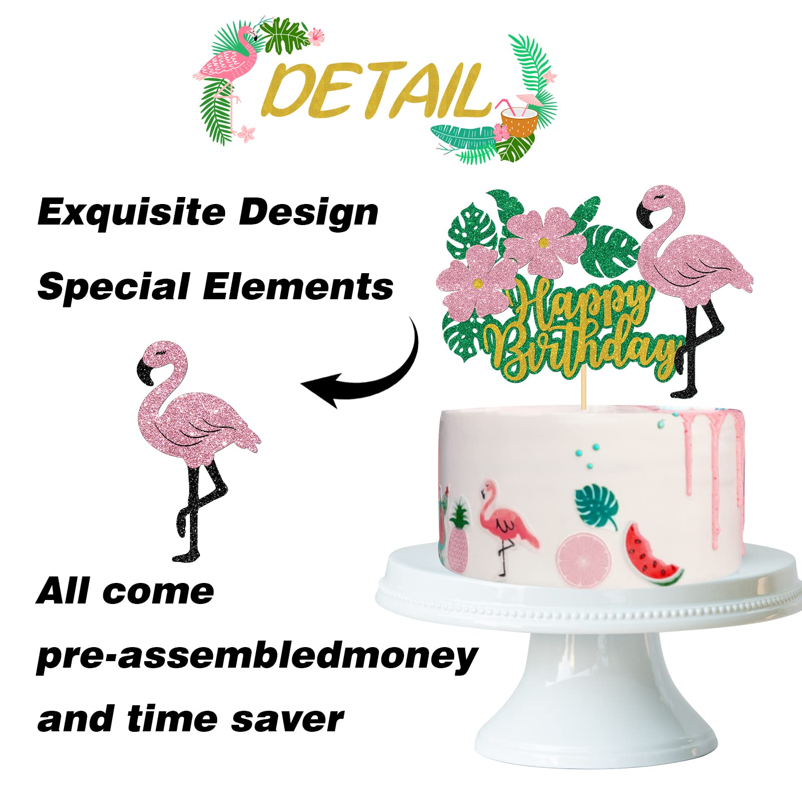 Gold Glitter Flamingo Cake Topper - Happy Birthday Party Decorations for Girls, Tropical Hawaii Theme with Leaf Design - Perfect for Kids Birthday Cakes, Baby Showers & Themed Celebrations