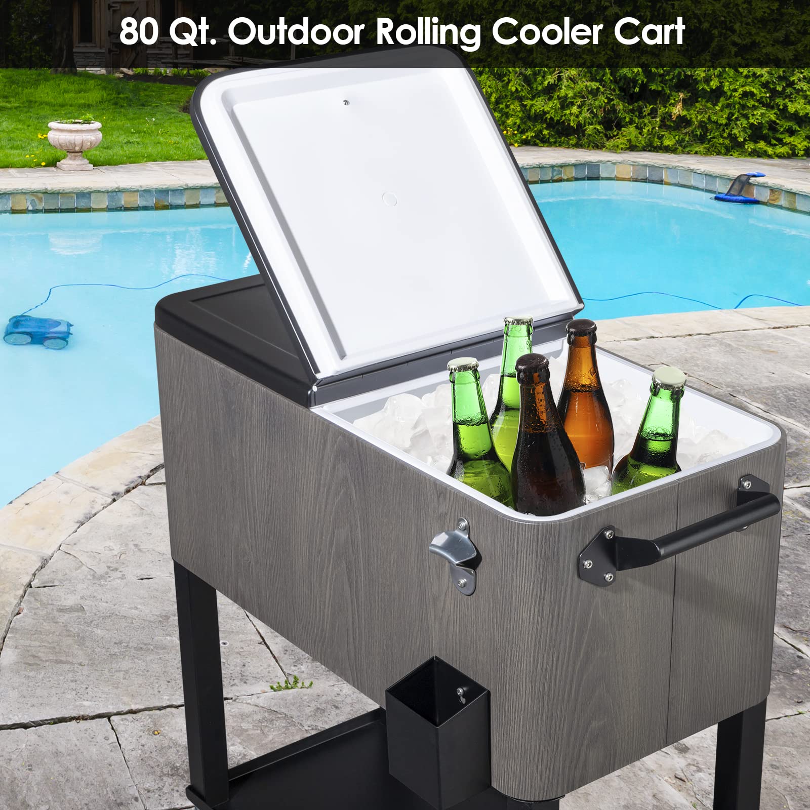 80 QT Rolling Cooler with Wheels & Shelf - Portable Outdoor Ice Chest for Camping, Picnics, Tailgating & Backyard Parties - Heavy Duty Drink Cooler Cart for Patio, Beach & BBQ
