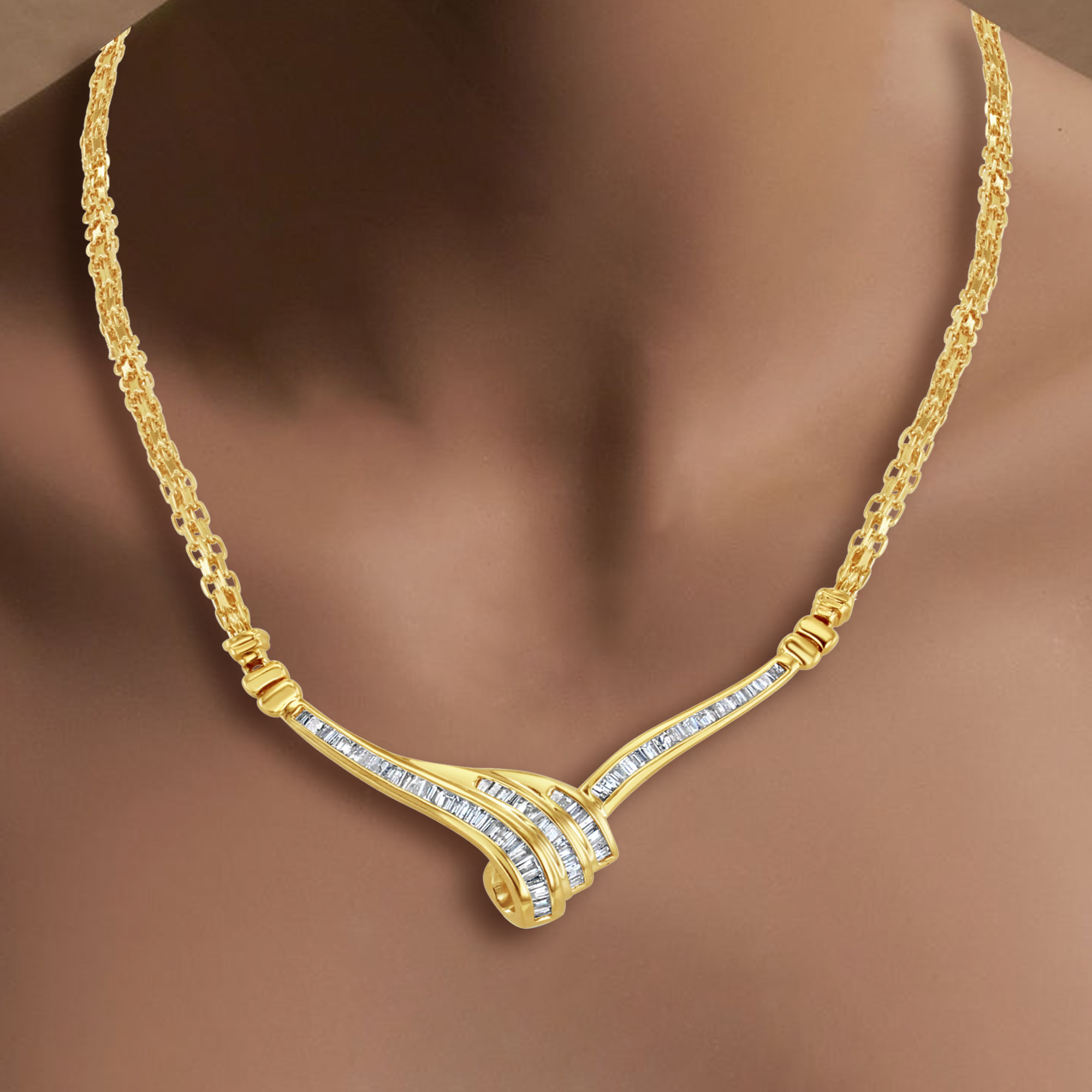 V-Shaped Baguette Diamond Wheat Necklace - Elegant Pendant for Women, Perfect for Weddings, Anniversaries & Special Occasions