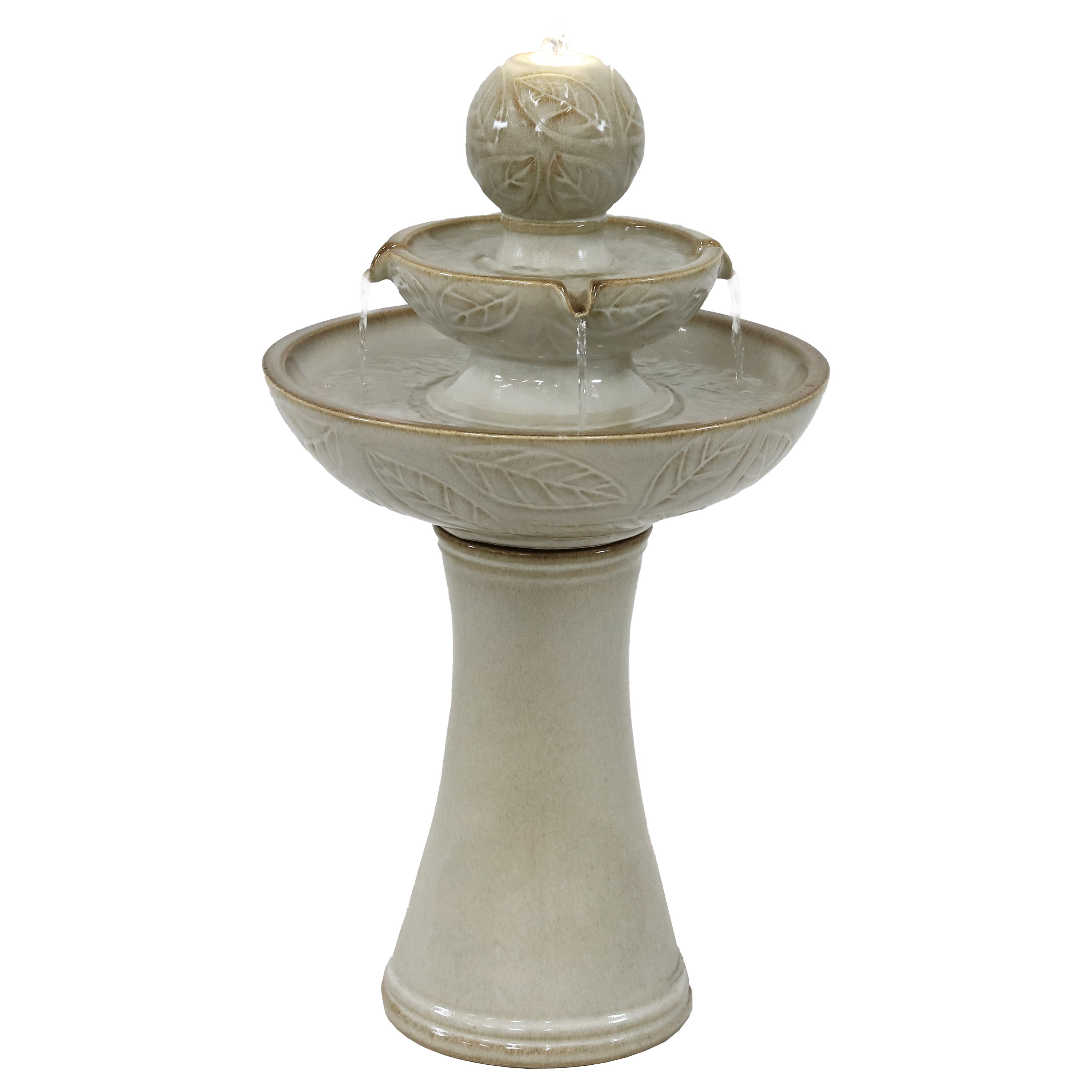 Sunnydaze Gentle Glow 2-Tier Ceramic Outdoor Fountain with LED Lights - Relaxing Water Feature for Garden, Patio, and Backyard Decor