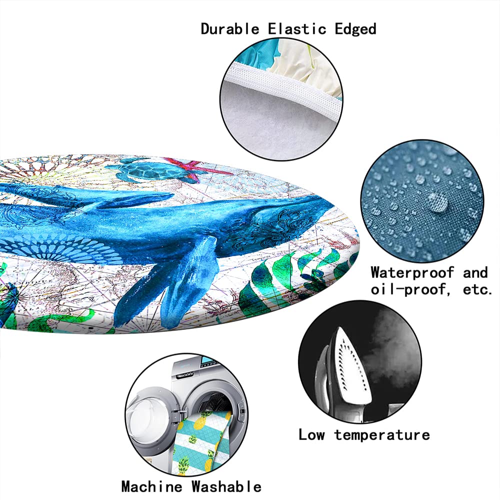 Whale & Sea Turtle Themed Elastic Edge Round Tablecloth - Stretch Fits 28