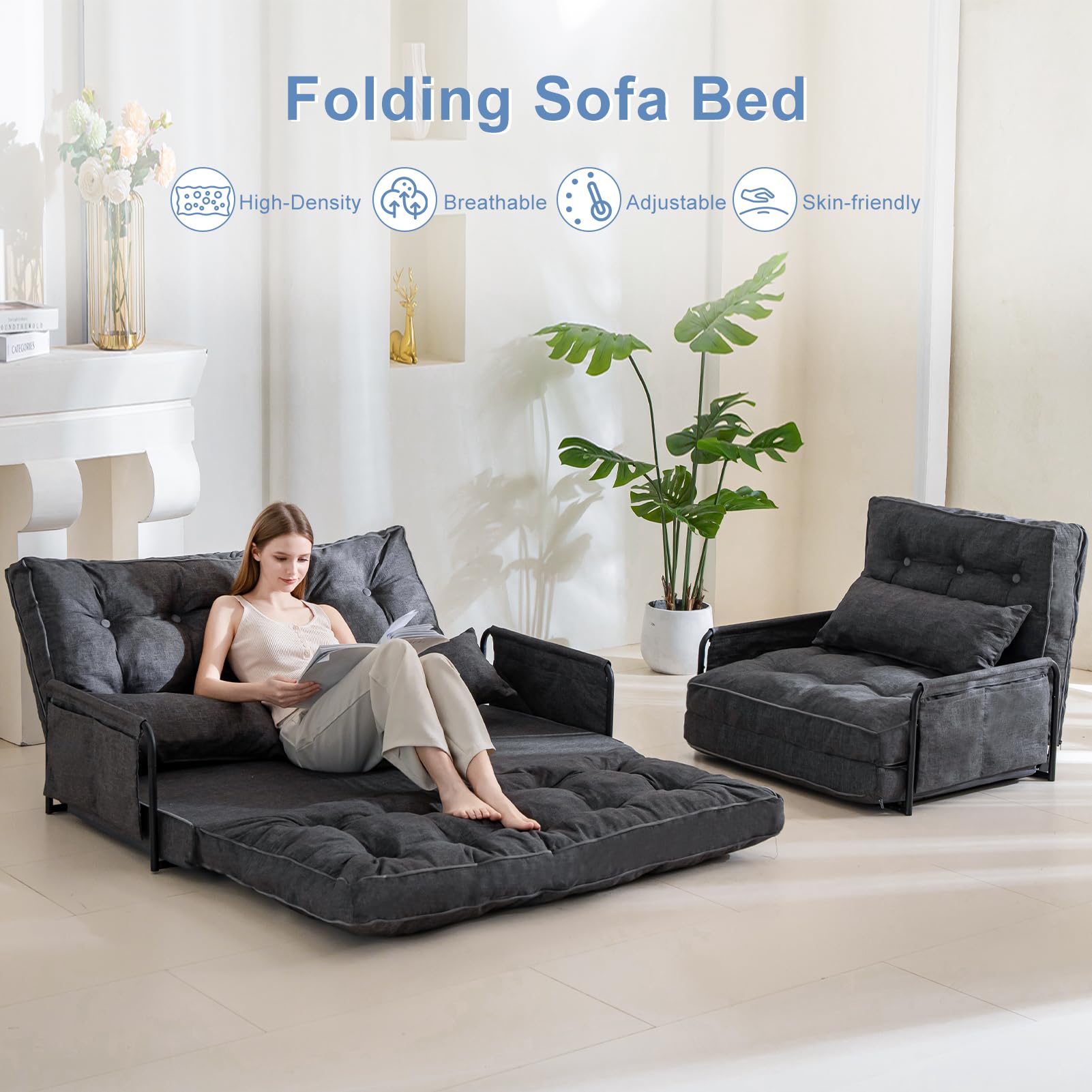 MAXYOYO Adjustable Floor Sofa Bed - Multi-Functional Folding Couch Bed with 2 Pillows, Grey - Perfect for Small Spaces, Guest Rooms & Living Room Lounging